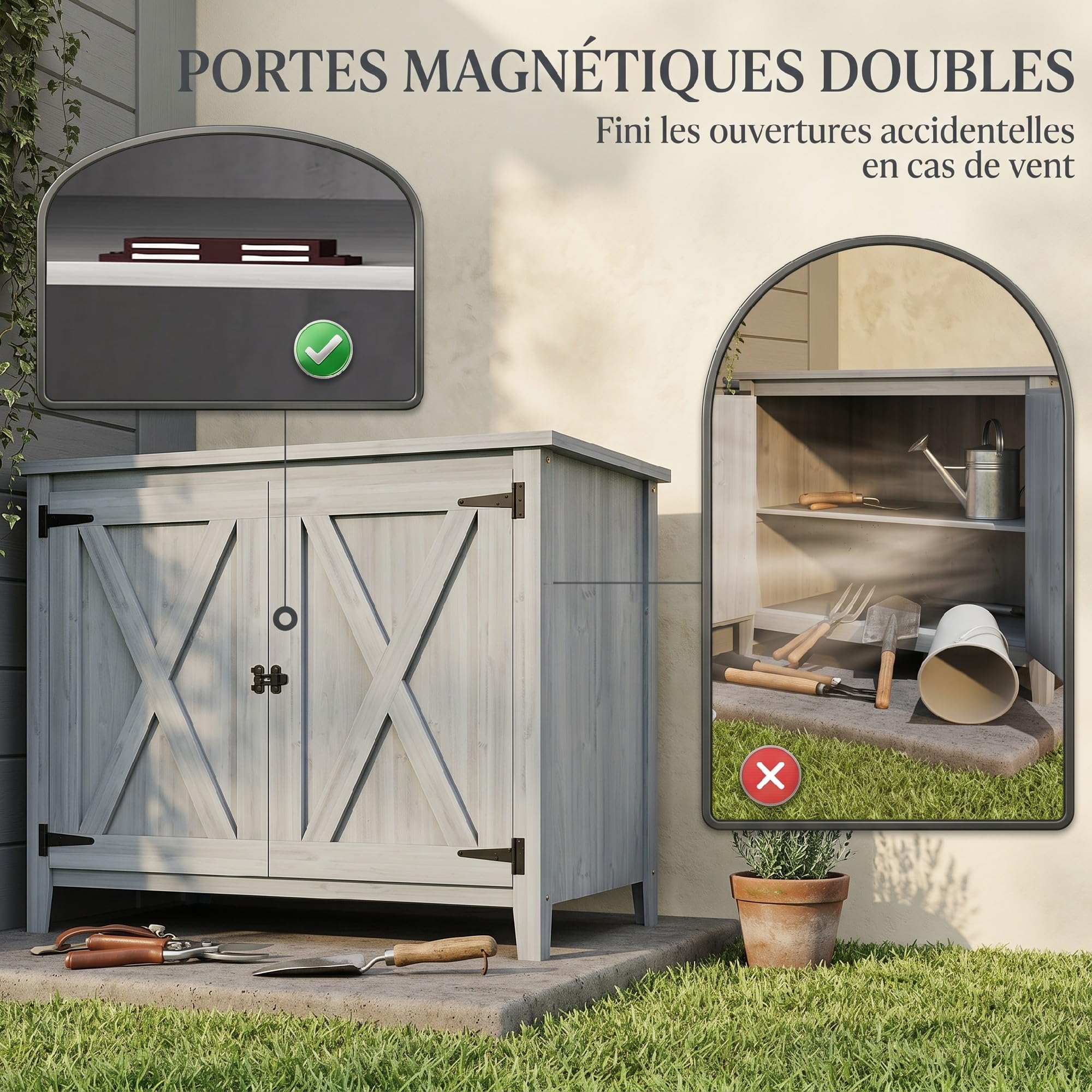 Outsunny Armoire de Jardin en Bois, Placard de Jardin en Bois avec Étagères et Double Portes, Armoire à Outils, 110 x 60 x 88,5 cm, Gris Clair
