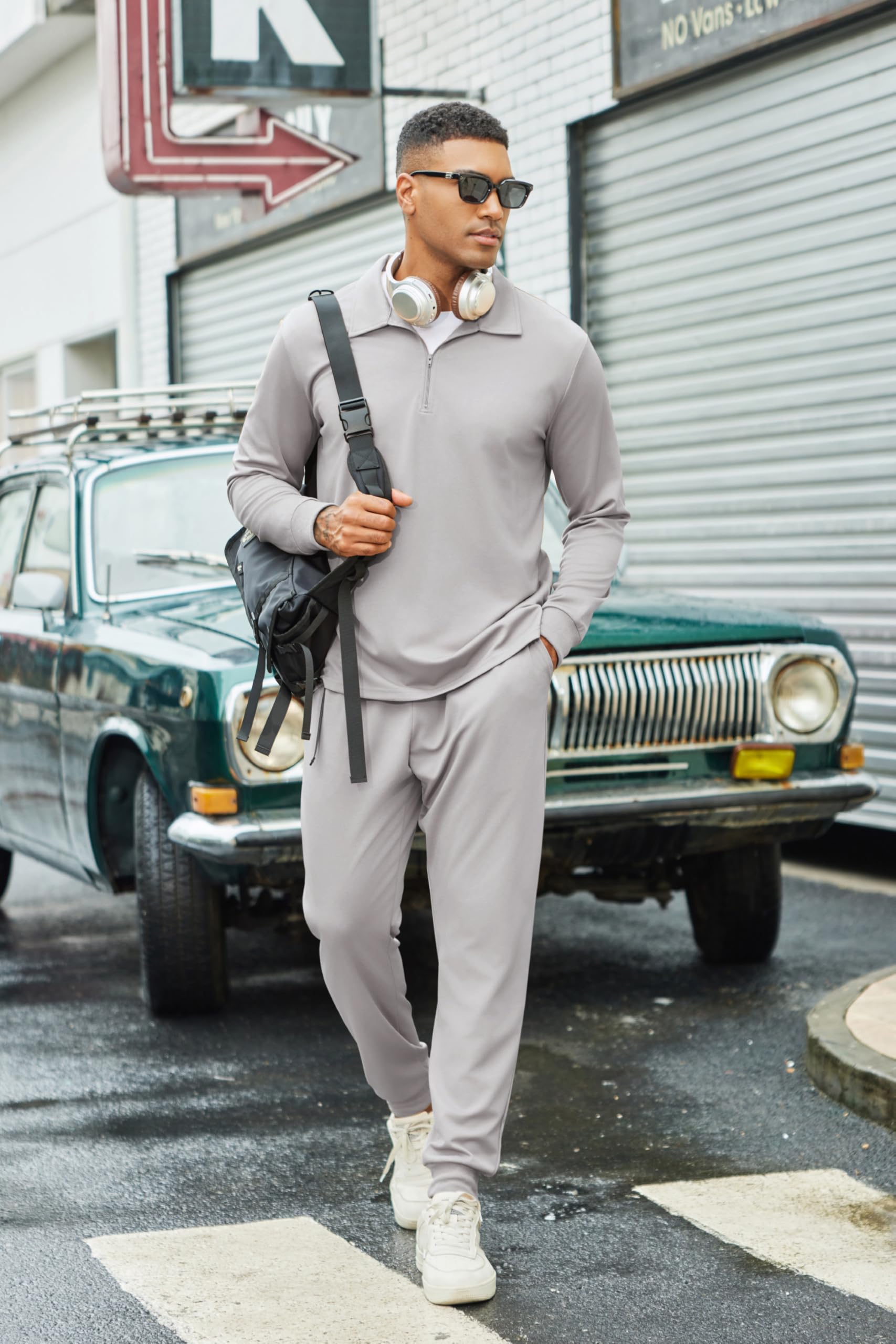 COOFANDY Tuta sportiva da uomo, 2 pezzi, polo con zip a un quarto, tuta sportiva casual da corsa e jogging