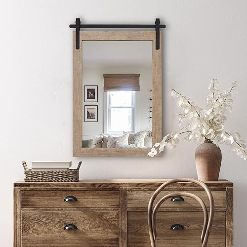 Espejo de pared negro estilo puerta de granero, espejo rectangular con marco de madera maciza, espejo rústico montado en la pared para baño,