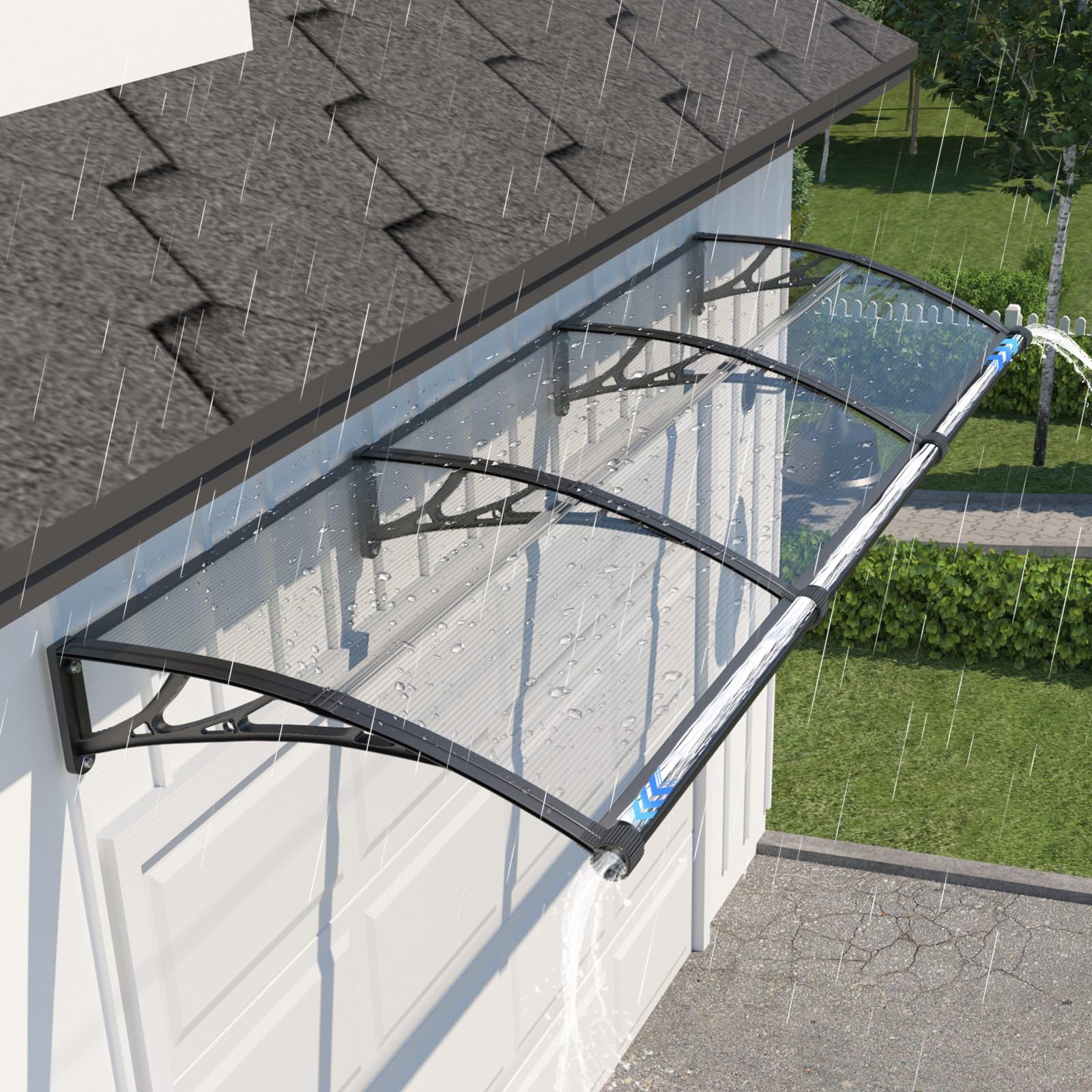 Marquise de Porte Extérieure 300x100cm Auvent avec Drainage pour Terrasse | Anti-UV pluie vent neige, Polycarbonate 5mm, Résiste aux chocs, Support ABS anti-rouille, pour Fenêtre, Balcon, Terrasse