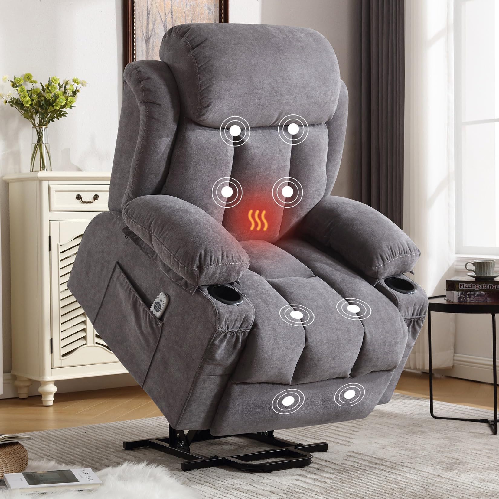 electric power lift recliner chair for elderly with heat & massage, velvet home theater seat living room reclining ergonomic lounge chair zero gravity chairs for adults hold up to 330lbs, grey