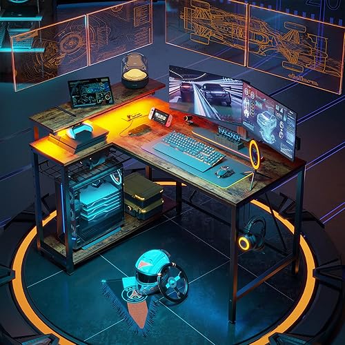 Miniatura 36 de Bestier Escritorio en forma de L de 58 L con tomas de corriente, escritorio esquinero para oficina en casa con estantes reversibles y luces LED,