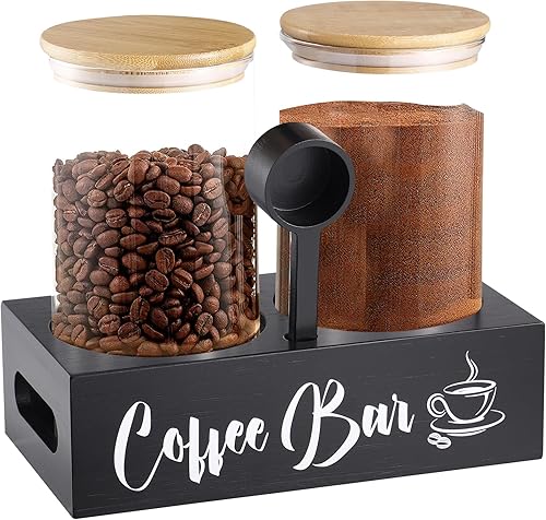 Recipientes de café de vidrio con barra de café impresa en estantes 2 tarros de almacenamiento de café sin BPA de 49 onzas con tapas de bambú disponible en Yaxa Colombia