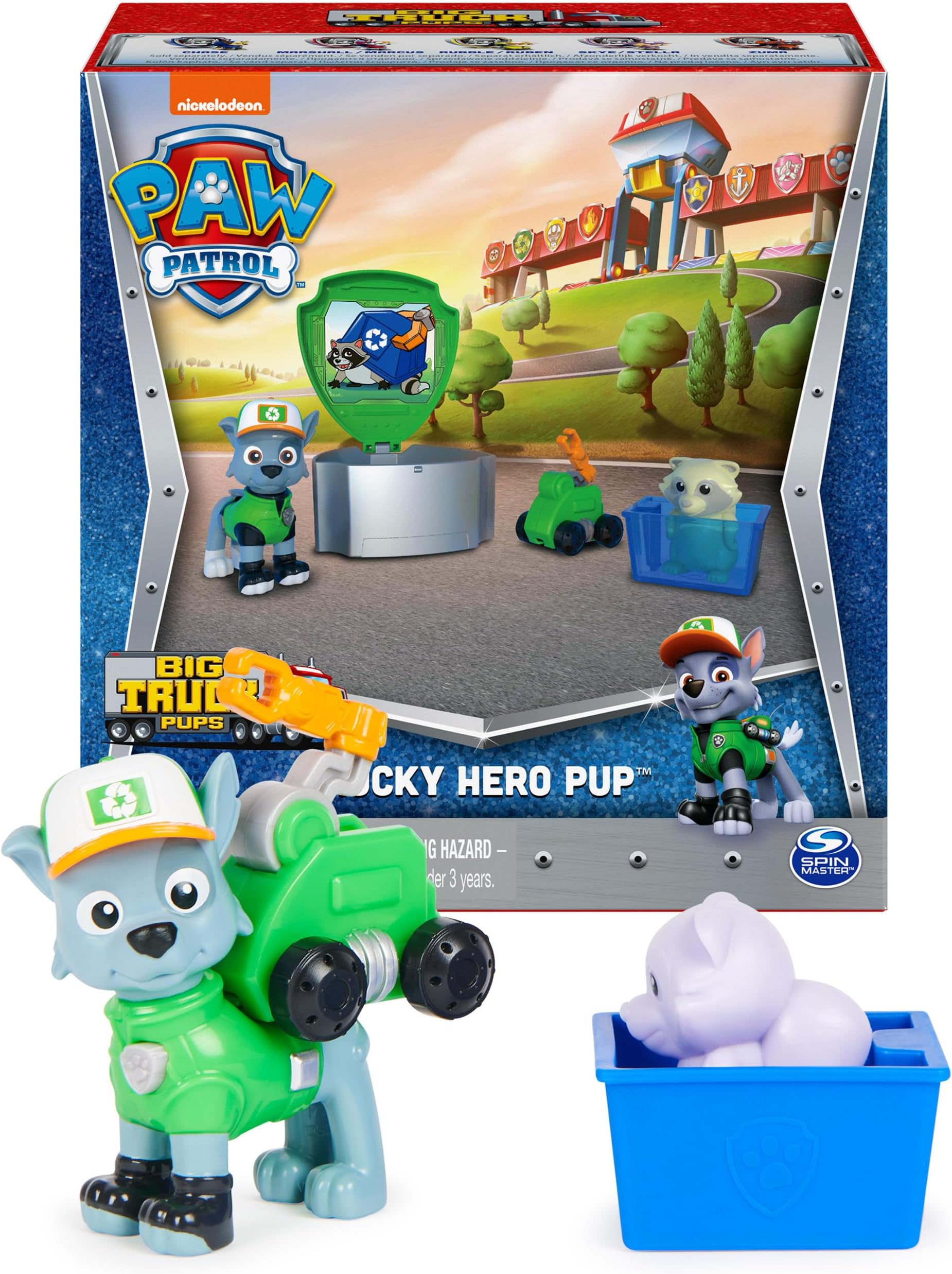 Paw Patrol, Big Truck Pups Rocky Action Figure with Clip-on Rescue Drone, Command Center Pod and Animal Friend Kids Toys Ages 3 and up