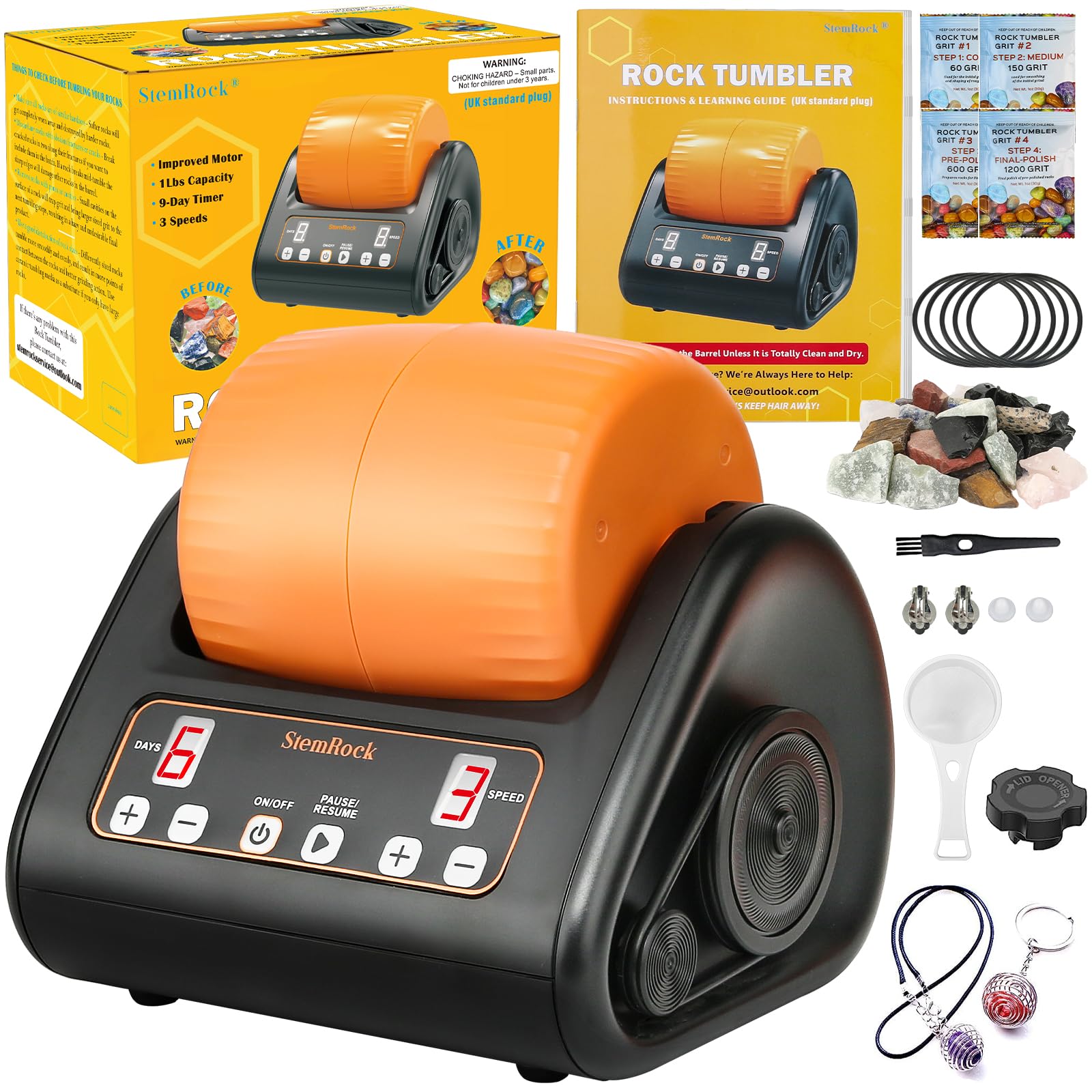 Upgraded Rock Tumbler Kit, Complete Rock Polisher Machine, Durable 1 Lb Barrel Great STEM Science Gift Adult, 9-Day Timer & 3-Speed Motor, Include Rocks, Grits and DIY Tools