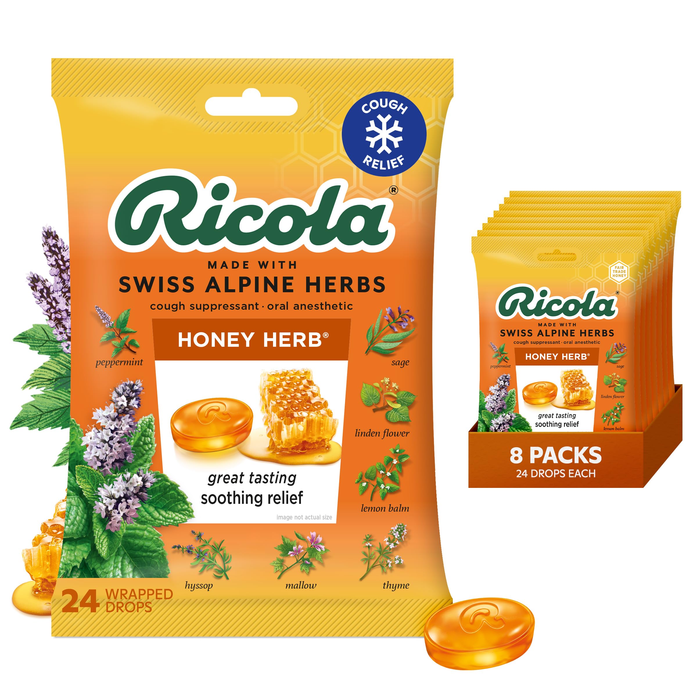 Ricola Honey Herb Cough Drops with Menthol - Minor Cough and Sore Throat Relief - 192 Count - Herbal Throat Lozenges