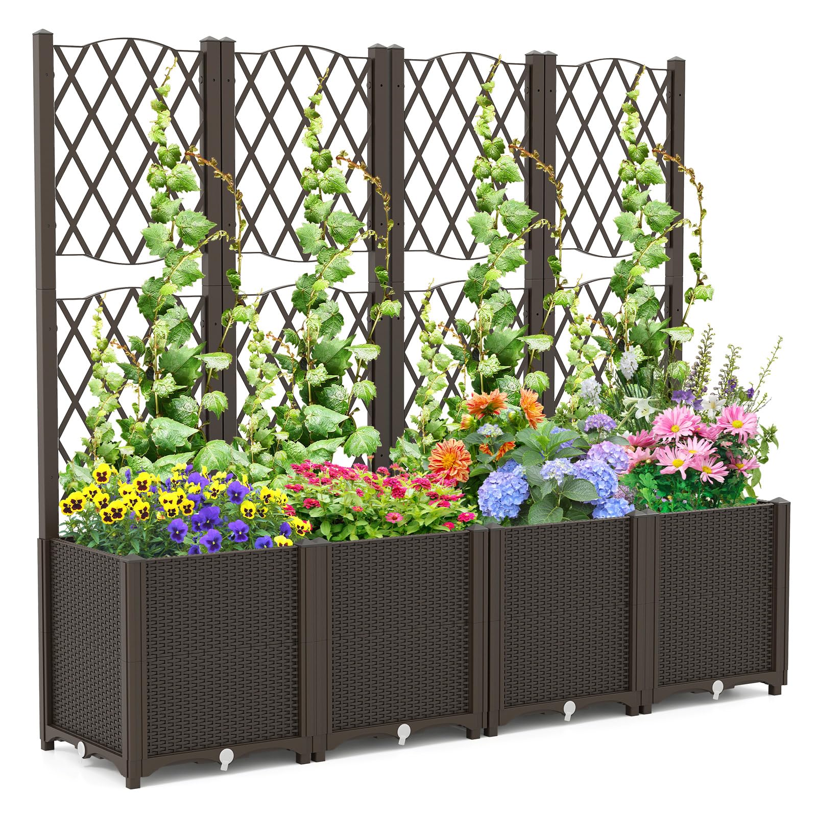 RELAX4LIFE Blumenkasten mit Rankgitter, Rankgitter mit Rattanoptik Pflanzkasten, Pflanzkübel mit Spalier, Hochbeet mit Rankhilfe, Spalier mit Blumentopf für Garten (Kaffee, 80 x 40 x 140 cm)