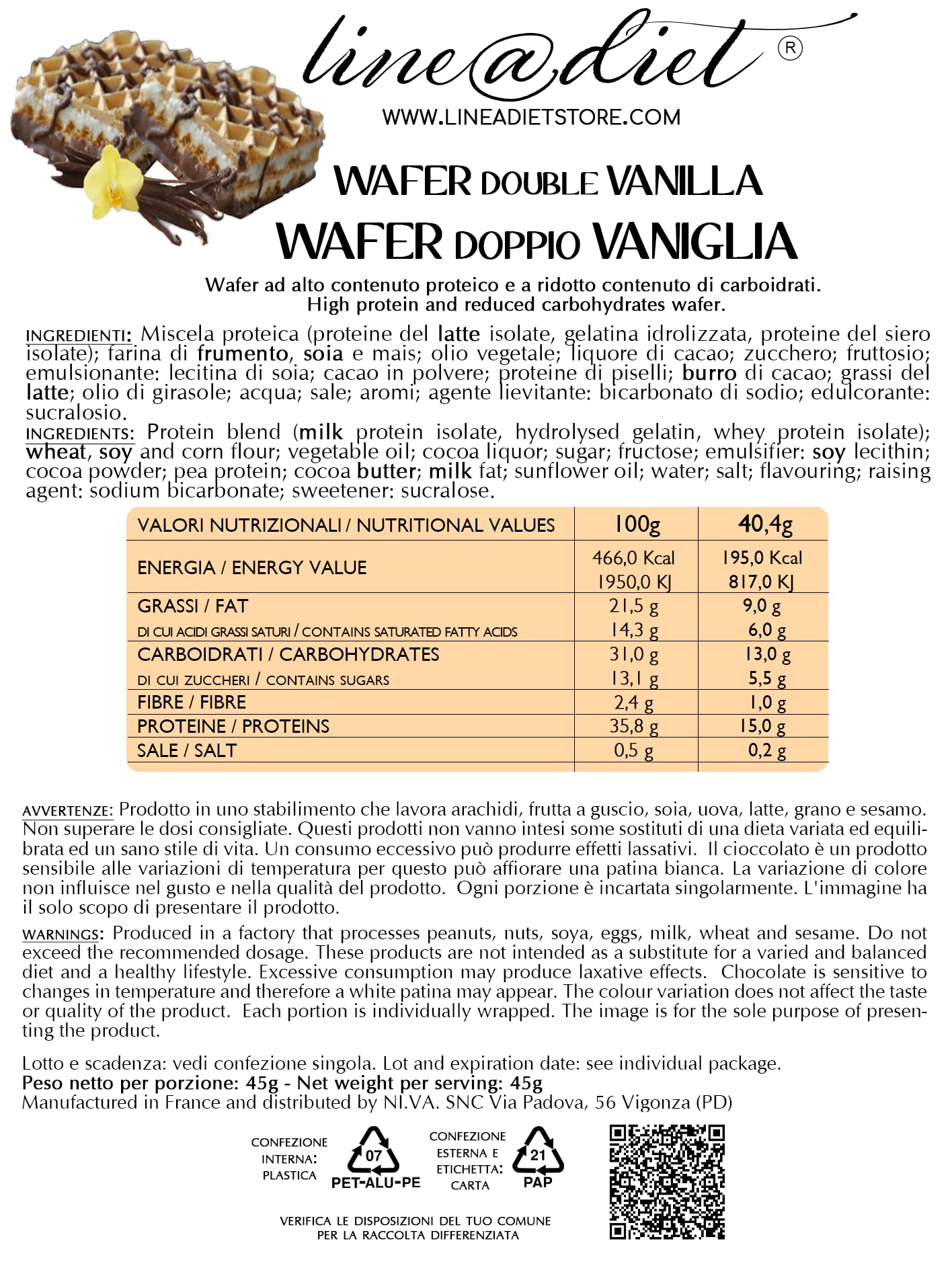 WAFER IPERPROTEICI Line@Diet FASE 1 | Wafer ad alto contenuto di PROTEINE | ottimi come snack DOLCE (10 VANIGLIA Linea doppi)