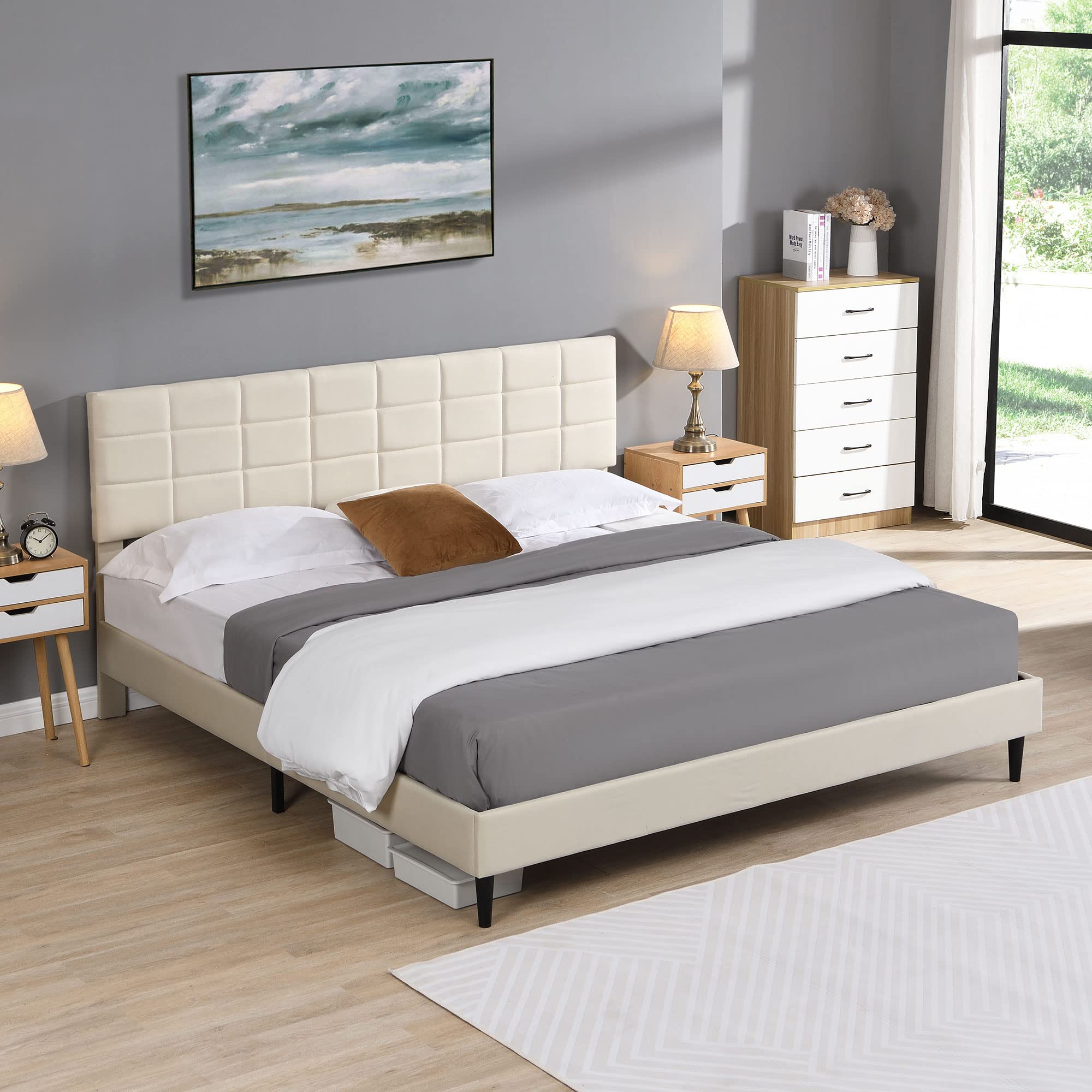 Lestar Upholstered Platform Bed Frame, Fabric Headboard with Wooden Slats, No Box Spring Needed Noise Free (Beige, King)