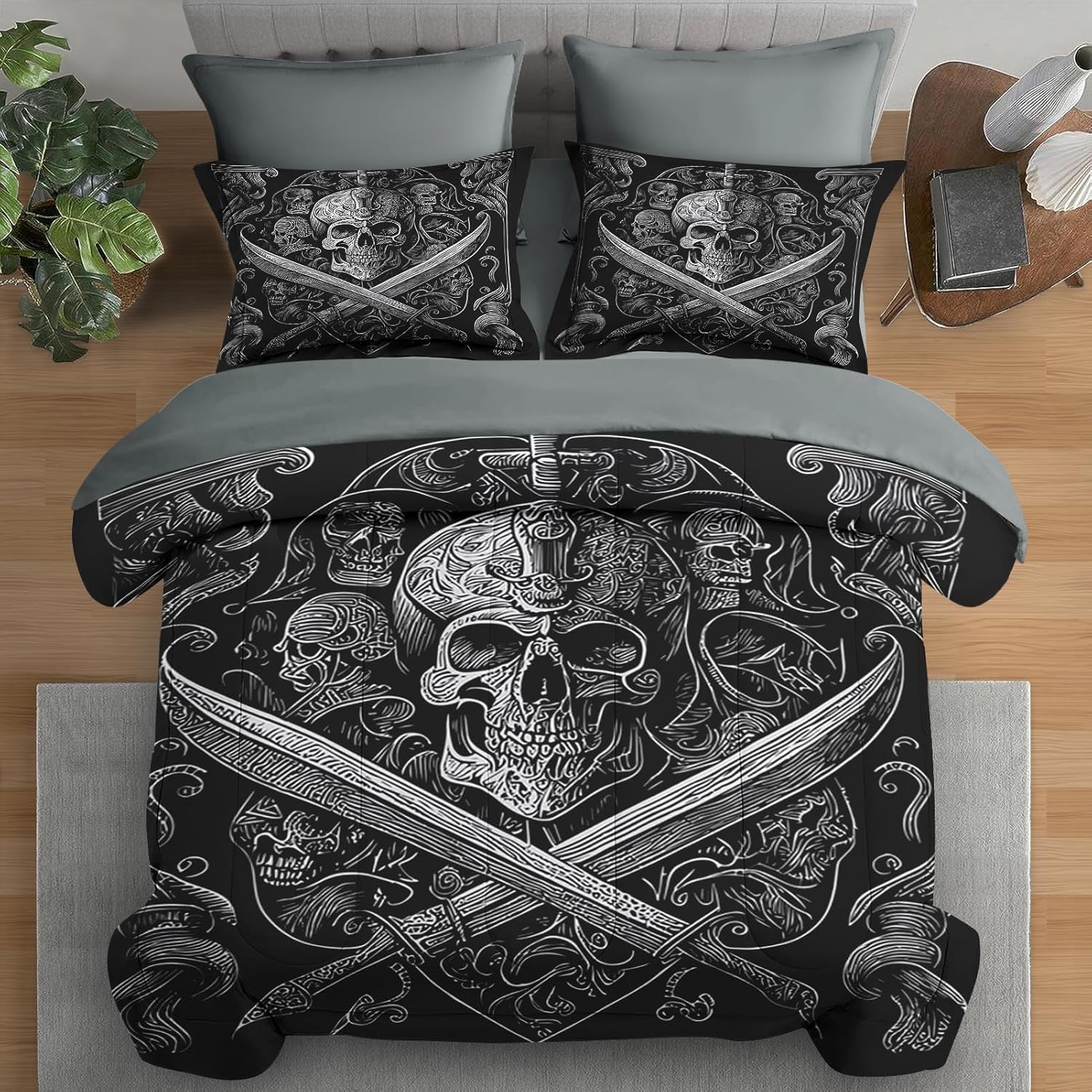 Pamnest 7 Pcs Comforter Set King Size, Gothic Skull World