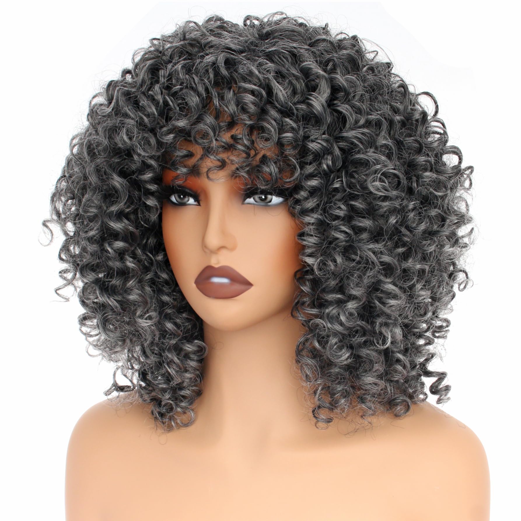 PORSMEER 14 Inch Kinky Curly Wigs for Black Women Afro Bomb Curly Wig with Bangs Synthetic Fiber Glueless Long Deep Wave Hair (Black mix white) - Image 4