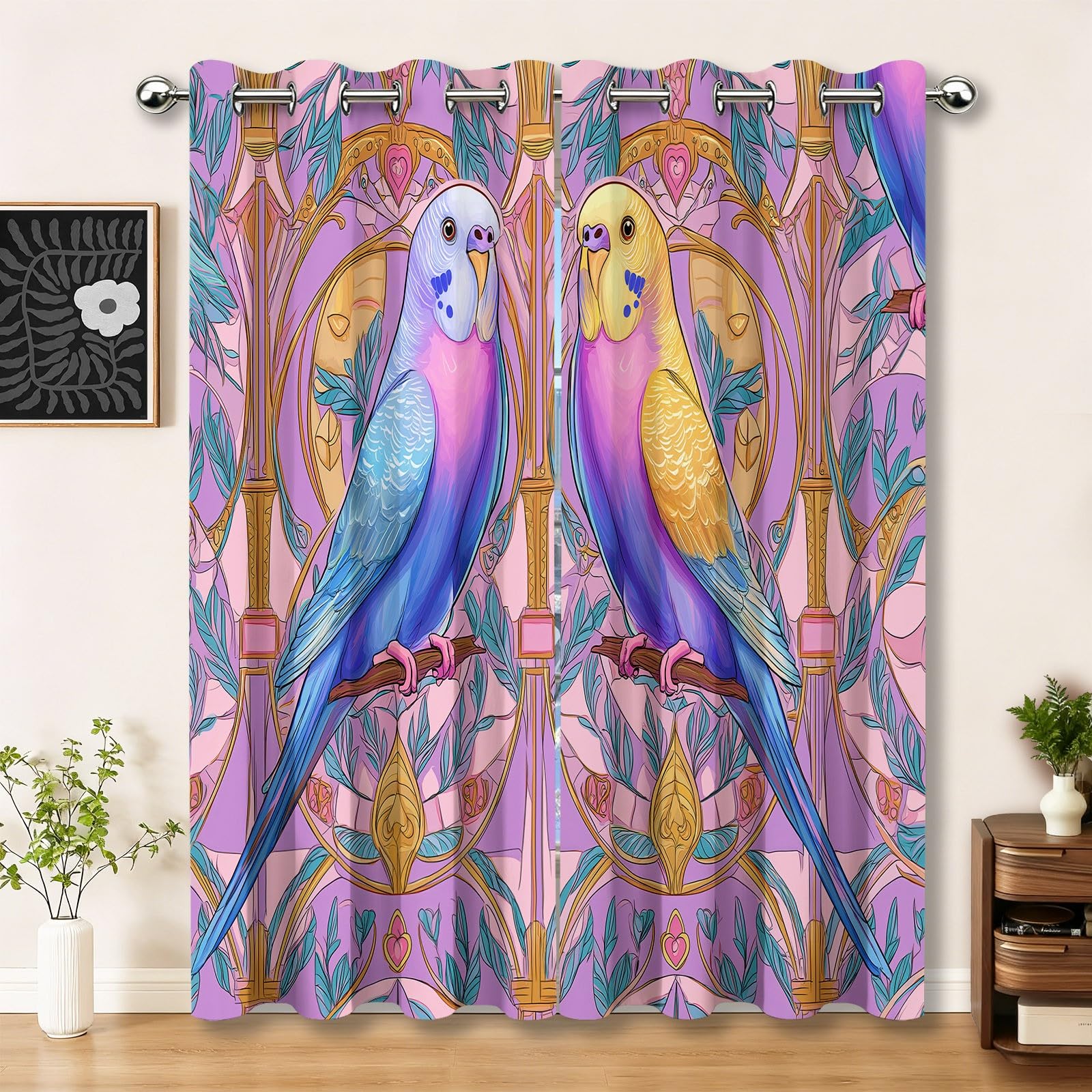 Rideau occultant rose 75x166 cm lot de 2 avec imprimé perruche