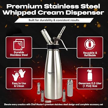 Chef Master (1 Pint / 0.5 Liter) Stainless Steel Whipped Cream Dispenser - Decorating Tips for Desserts, Latte + Cleaning Brush - Whip Cream Dispenser Canister for Home, Bakery or Restaurant - 90078