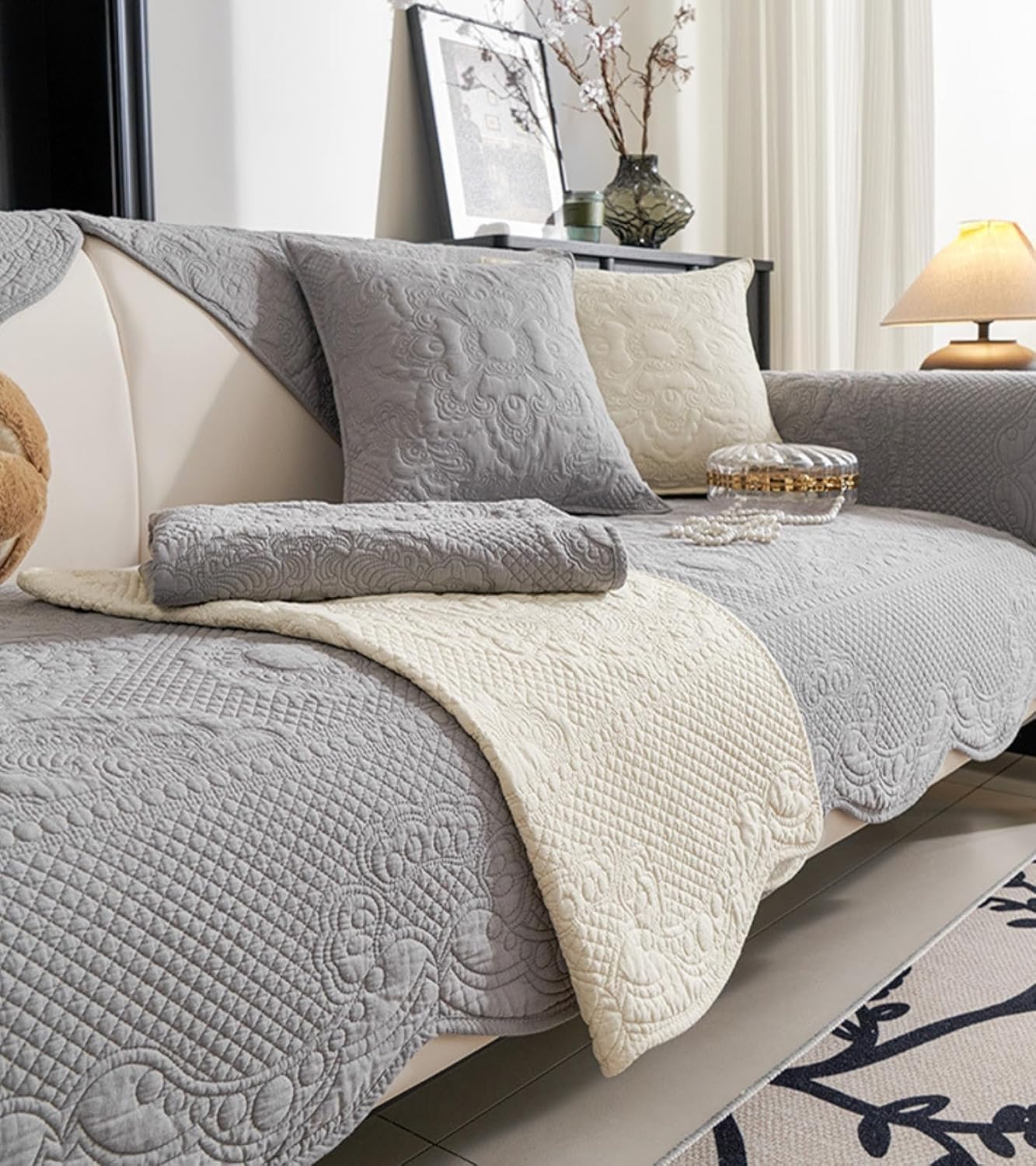 Luxury Vintage Cotton Embroidery Sofa Cover Soft Farmhouse Seat Cushion Cover Floral Quilted Sectional Couch Cover Anti-Slip Sofa Slipcovers Furniture Protector for Dogs Cats (Grey,28"x70")