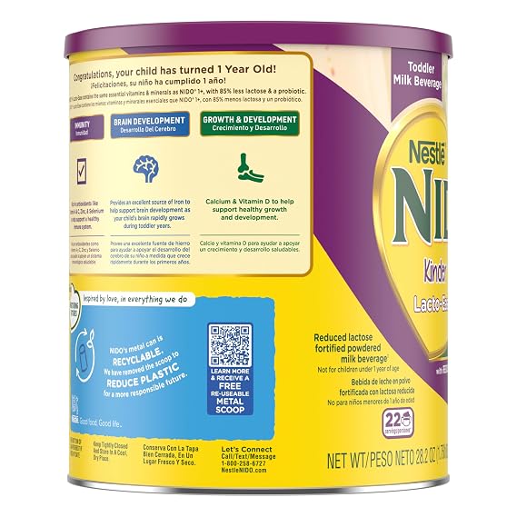 Nestle NIDO Lacto-Ease Toddler Milk Beverage Powder Mix, Reduced Lactose, Toddler Nutritional Drink, Powdered Milk for Toddlers, 22 Servings per Container, 28.2 OZ, Pack of 1