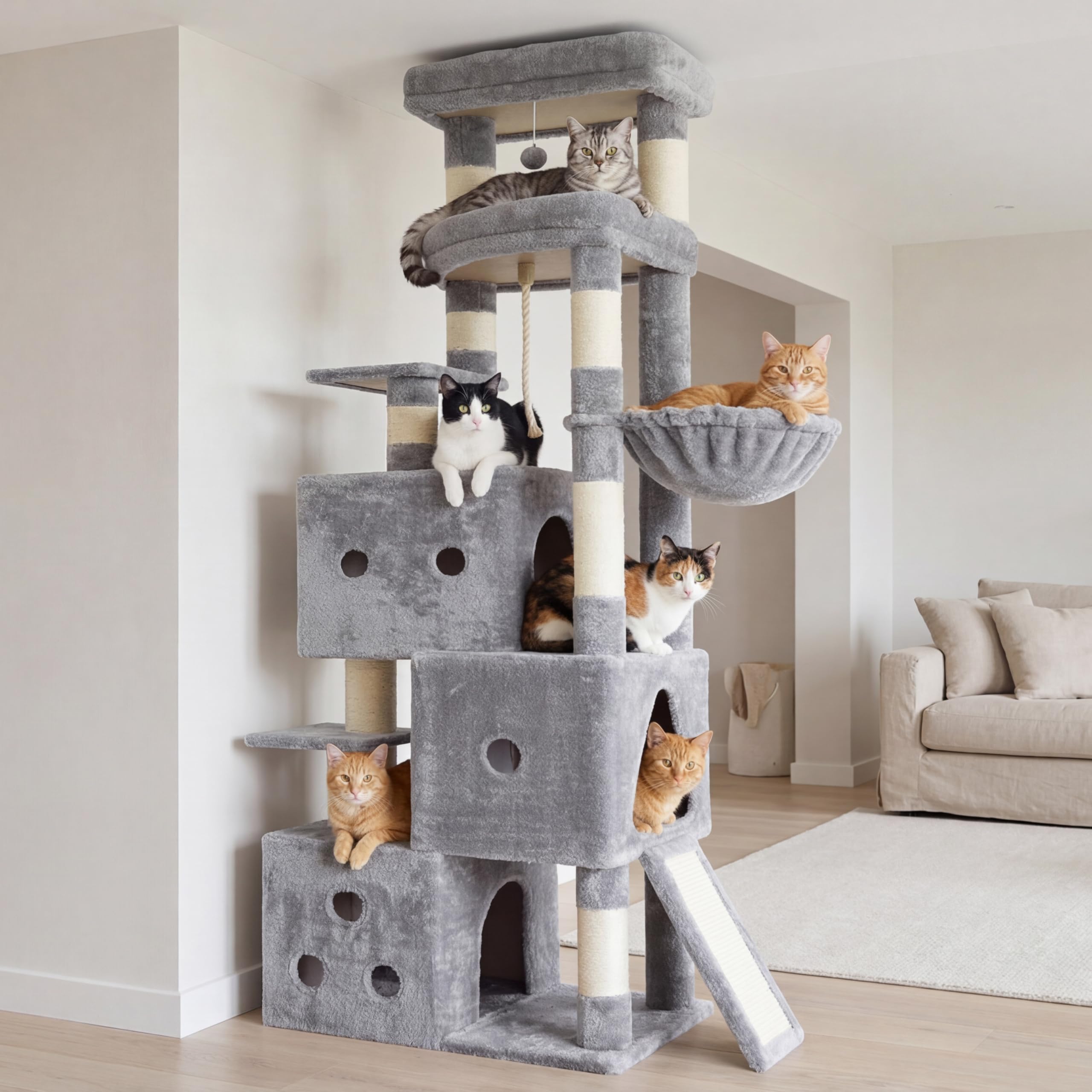 Heybly Rascador para Gatos XXL, 188 cm Árbol Rascador para Gatos Grandes, Torre de Múltiples Pisos, 3 Cuevas Escalonadas, Amplias Perchas Descanso, Postes y Tablas de Sisal, Gris Claro HCT061W