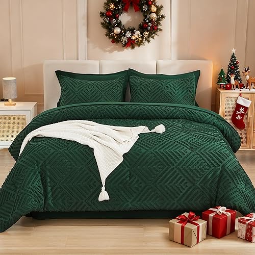 Miniatura 3 de Andency - Juego de edredón tamaño king con sábanas, fundas de almohada y fundas decorativas, color verde esmeralda oscuro, completo, 7 piezas,