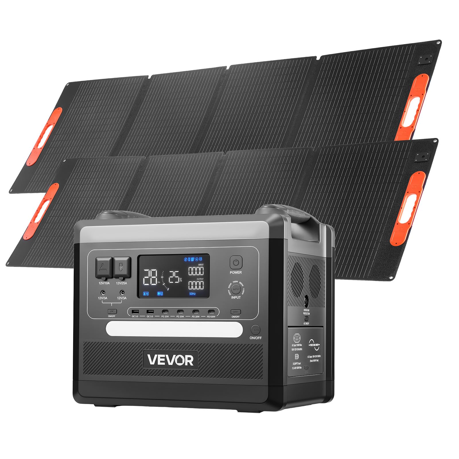VEVOR Tragbare Powerstation, 2400-W-Solargenerator mit 2 faltbaren 200-W-Solarpanels, erweiterbarer 2160-Wh-LiFePO4-Akku mit 10 Ausgängen für Notstromversorgung zu Hause, beim Camping und im Wohnmobil