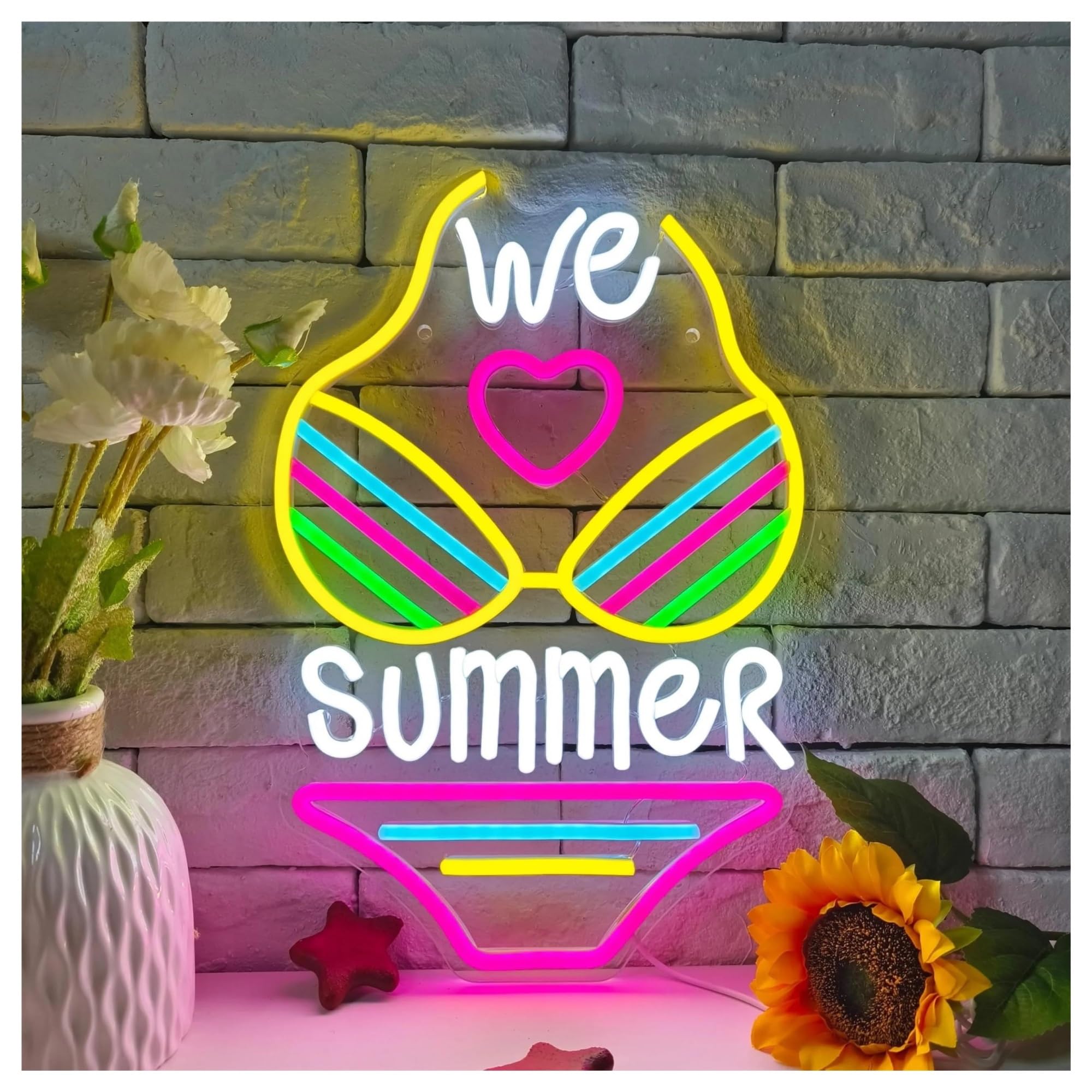 LEMST Signs Lamp We Summer Neon Sign Bikini Shape Luminous Neon Light Dimmable for Swimwear Store Pool Party Boutique Girl Room Party Decor 27x39.2cm