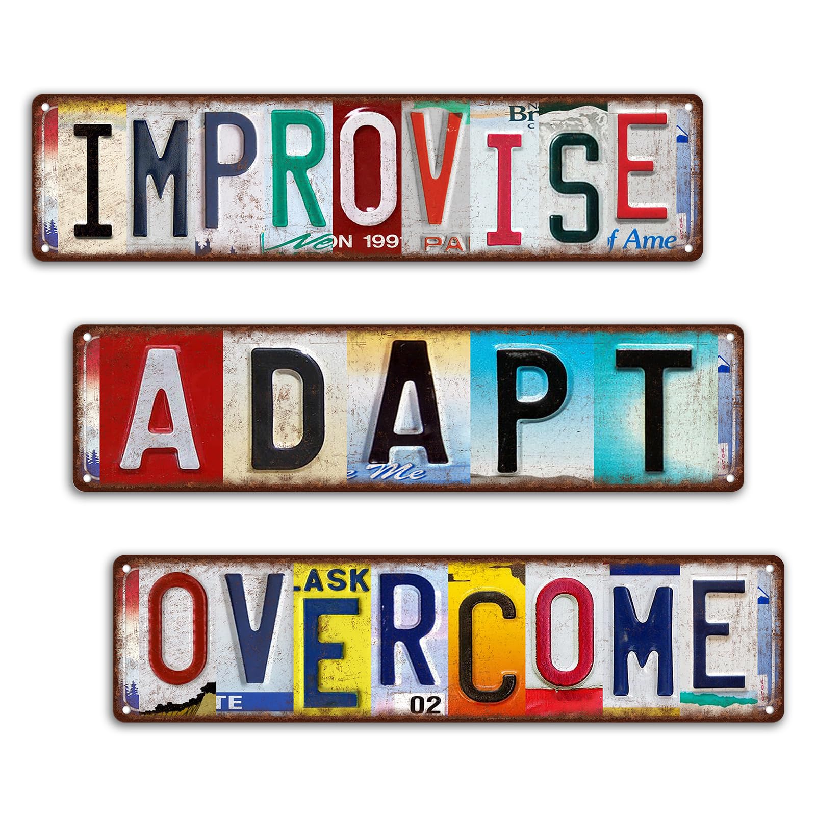 Cartel de metal vintage con texto en inglés "Improvise Adapt Overcome" para decoración de pared, 3 unidades