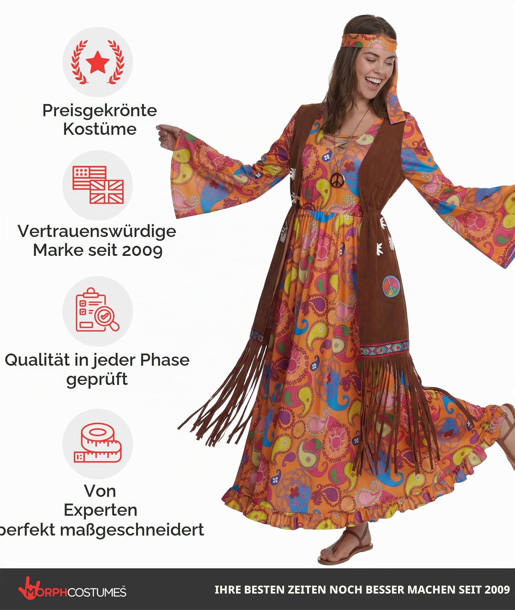 Morph Hippie Kostüm Damen, 70er Jahre Outfit Damen, 70er Jahre Bekleidung, Hippie Kleid, Schlagermove Outfit Frauen, Karneval Kostum Frauen, Fasching