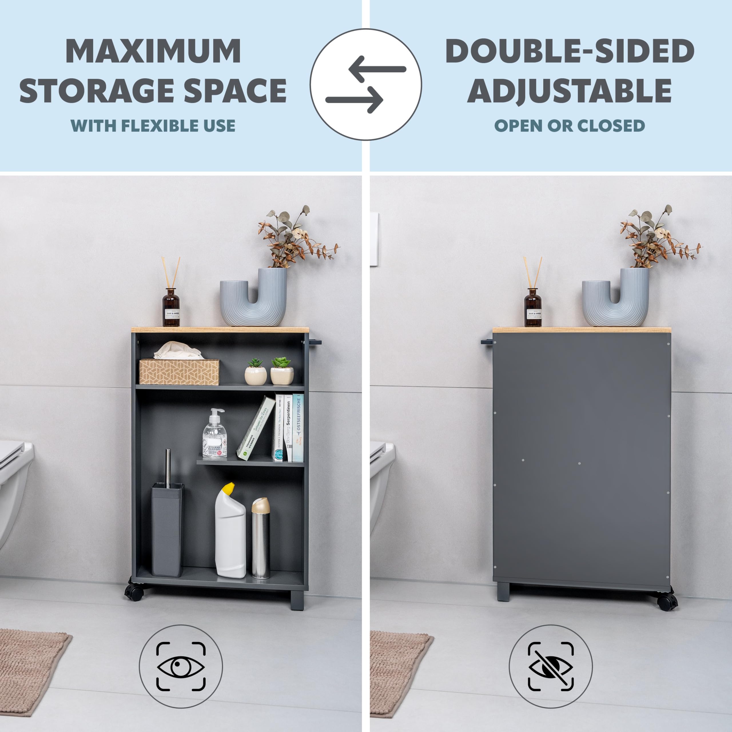 eluno Carrello da bagno per nicchia da cucina, carrello da cucina, organizer da bagno a 3 livelli, in legno (Grigio-legno)