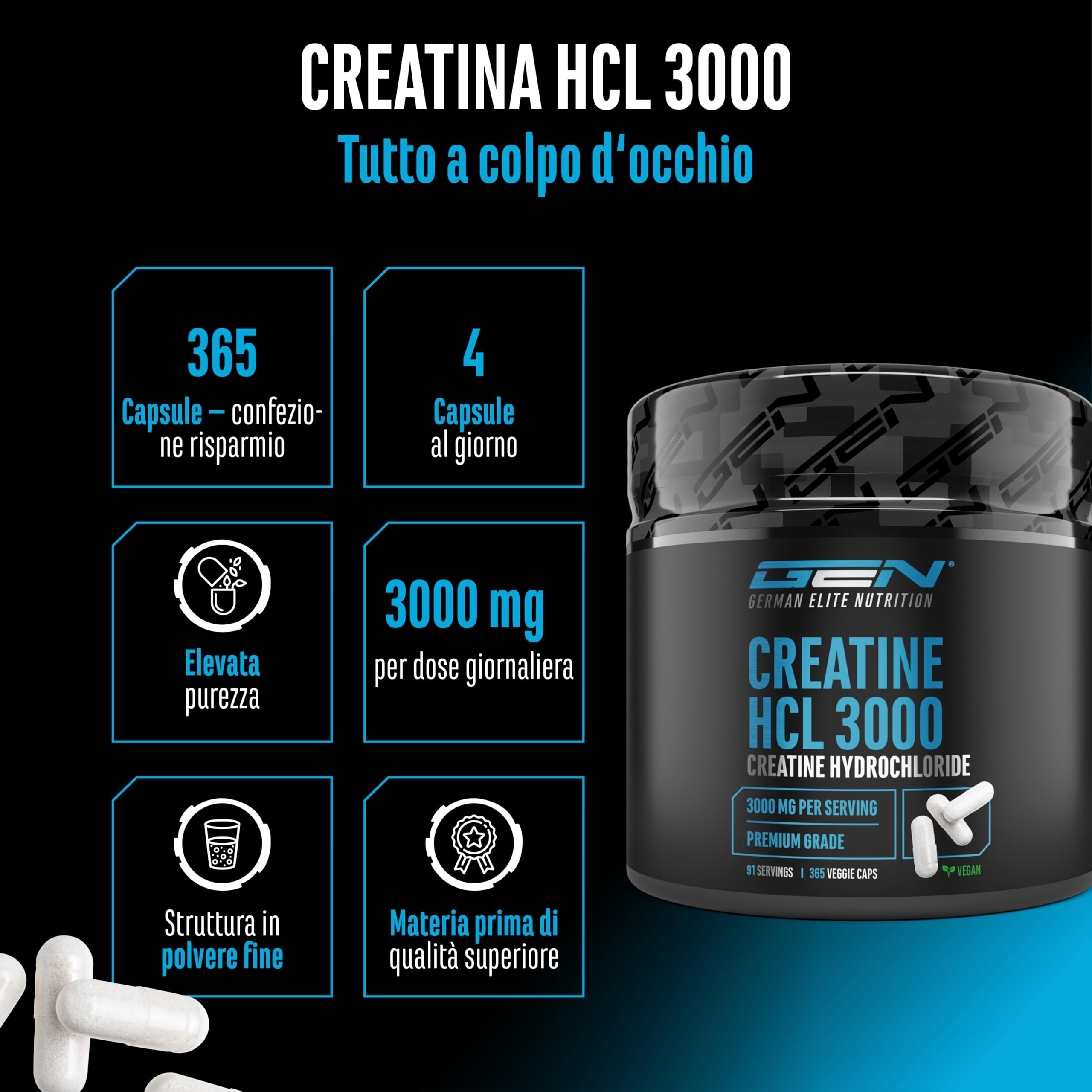 Creatine HCL - 365 capsule - Ad alto dosaggio con 3000 mg di cloridrato di creatina per dose giornaliera - Massimo assorbimento & biodisponibilità - 100% vegano