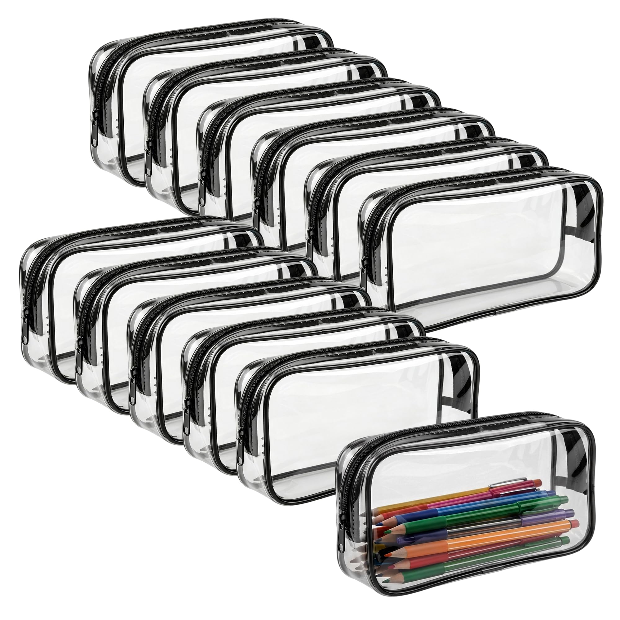 MOUYAT 12PCS Clear Pencil Case, Transparent Zipper Pencil Pouch, Waterproof Small Makeup Bag for Stationery, Makeup and Travel Toiletries 20.5x8.5x4cm