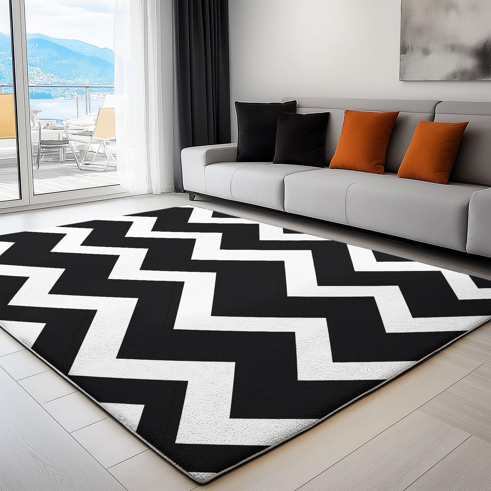 Générique Géométrie Vague Lavable Tapis 140 x 200 cm Tapis Poils Courts antidérapant, Doux Antidérapant Motif À Rayures Ondulées Noir et Blanc pour Chambre à Coucher Salle à Manger Salon