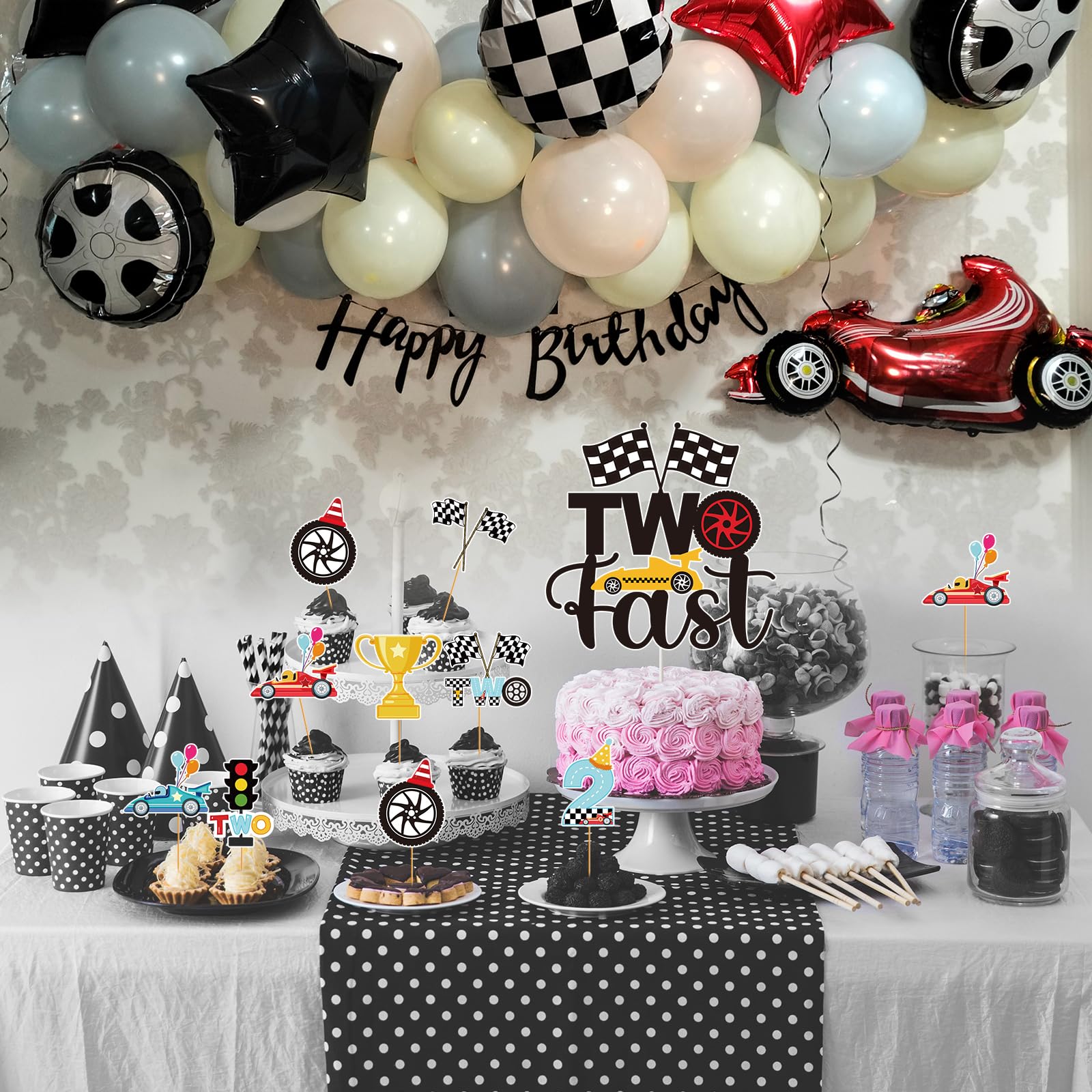 Two Fast Two Curious Geburtstagsdeko – 25-teilig, Kuchen-Topper Mit Vintage-Rennwagen Für 2. Geburtstag Jungen