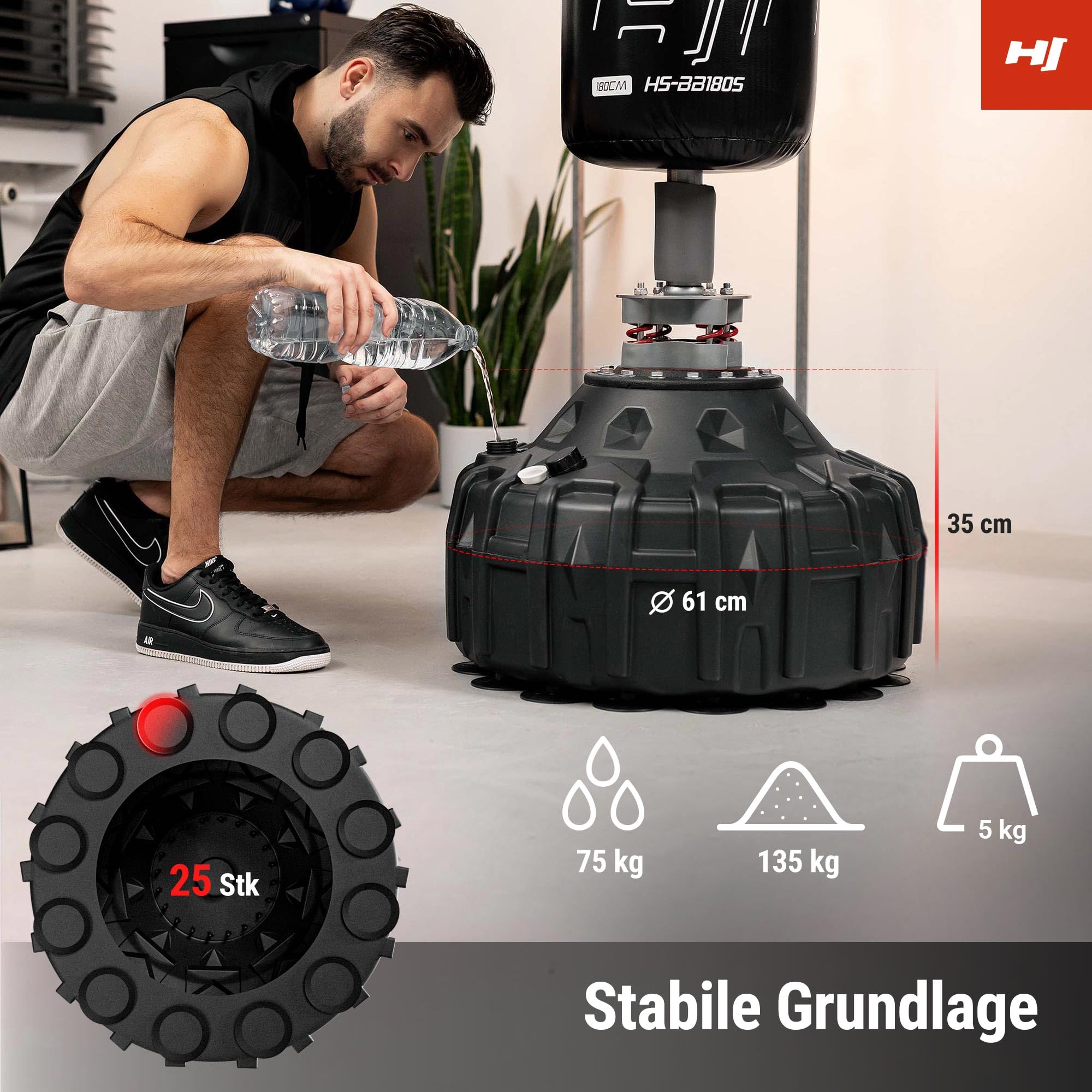 Hop-Sport Stehender Boxsack Sack für Zuhause mit Anti-Schock-System, Ideal für Kampfsport und Krafttraining, 360-Grad-Rotation, Sand/Wasser befüllbar, Stabil durch Saugnäpfe