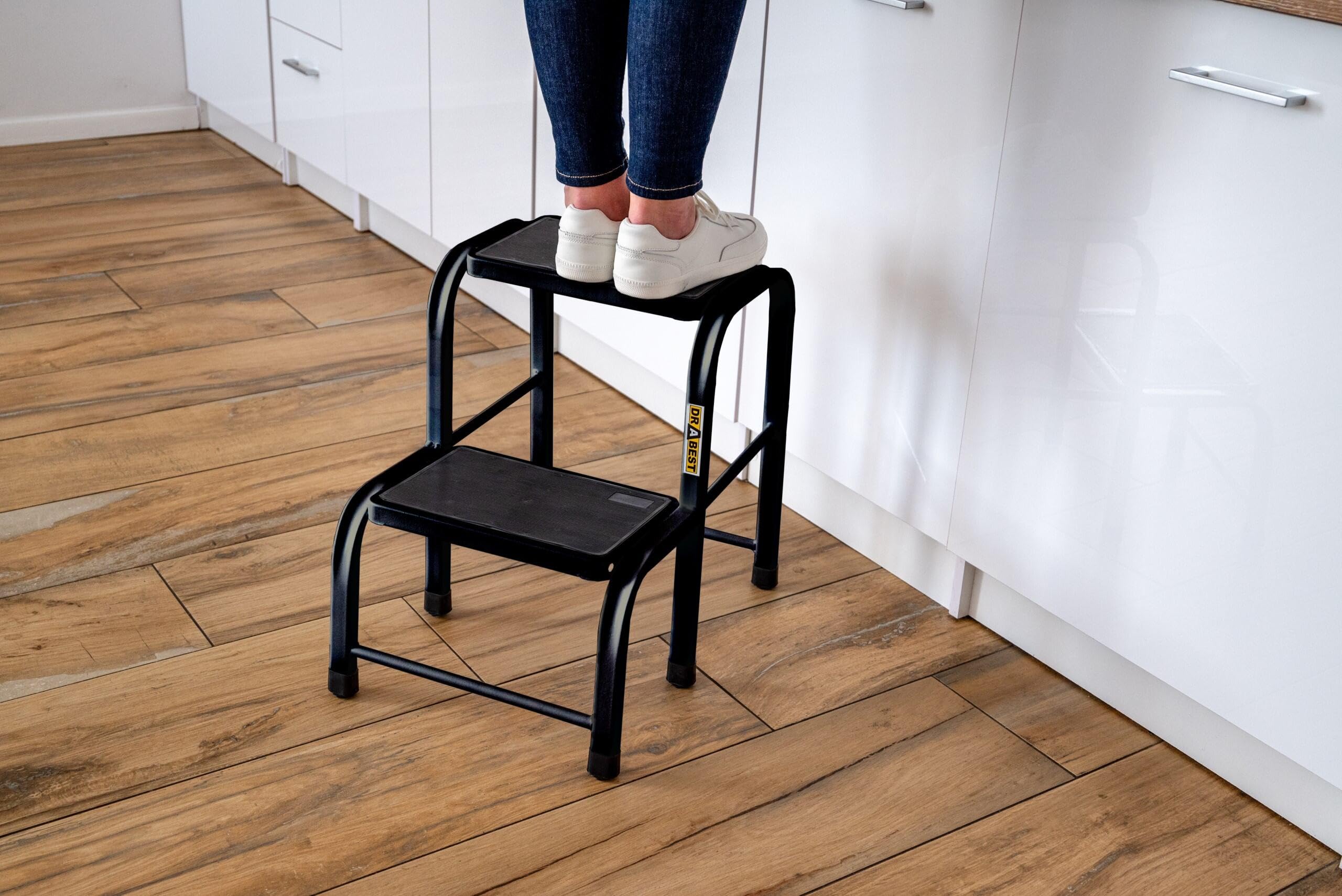 Drabest - Gradini in Acciaio Nero - Piedini Antiscivolo, Piattaforma Ampia e Confortevole - Carico Massimo 150kg - Scaletta, Gradini Laterali, Sgabello - 2 Gradini