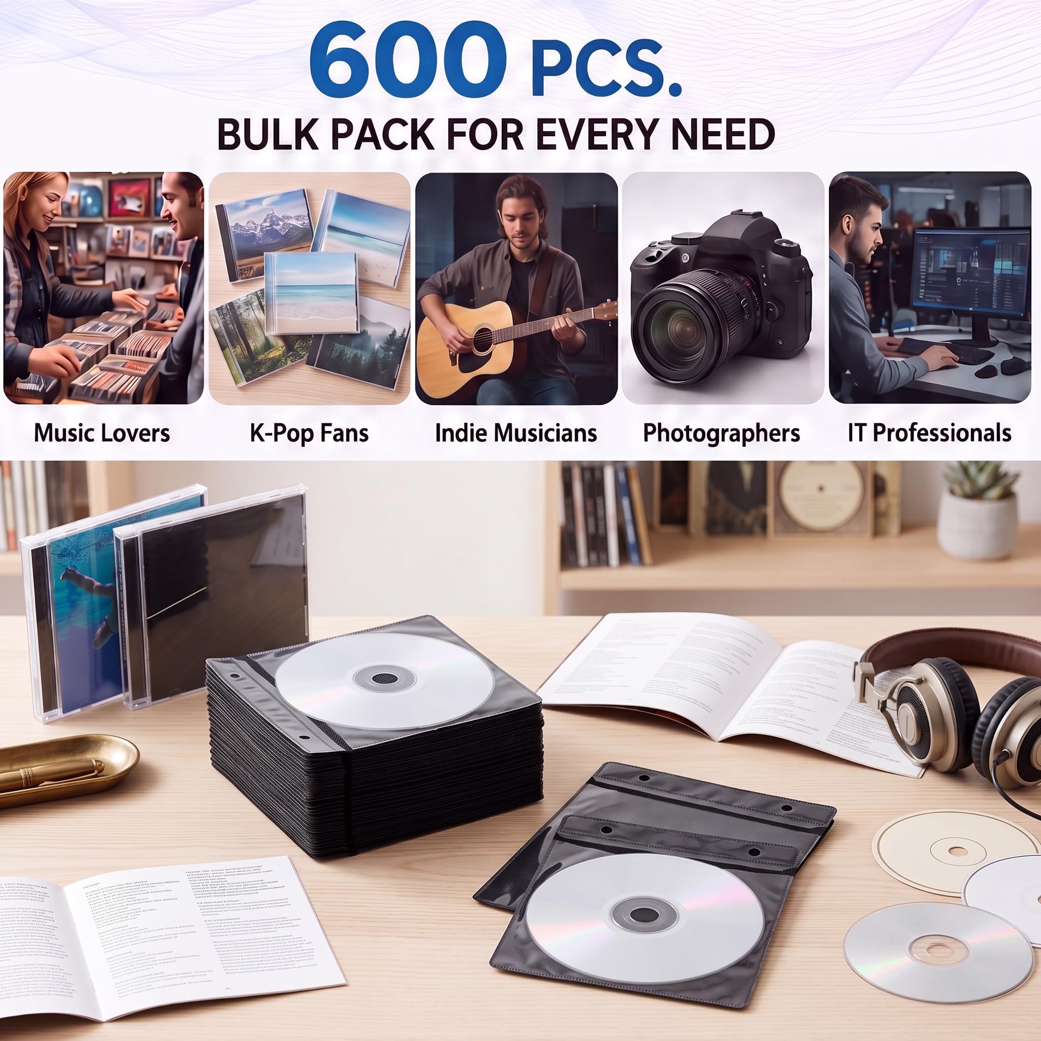 Harloon CD-Hüllen, DVD-Umschläge, doppelseitig, Kunststoff, für Blanko-Aufbewahrungsbinder, Ersatz (schwarz), 200 Stück