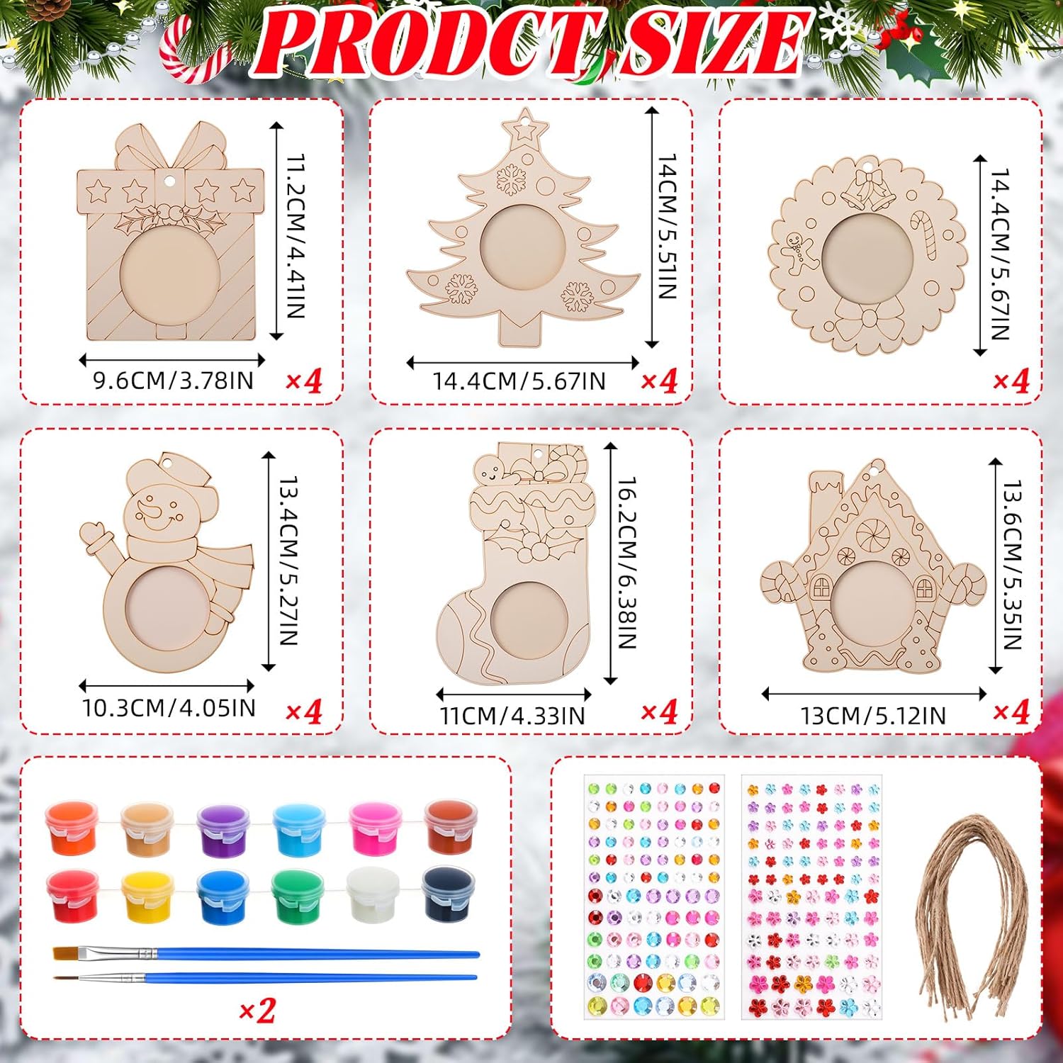 Blueweenly 24 Pcs Wood Unfinished Christmas Photo Frame Ornaments Craft Kit DIY Christmas Tree Snowman Gingerbread House 3D Picture Ornament with Brushes Gem Stickers for Activity Gift 6 Styles