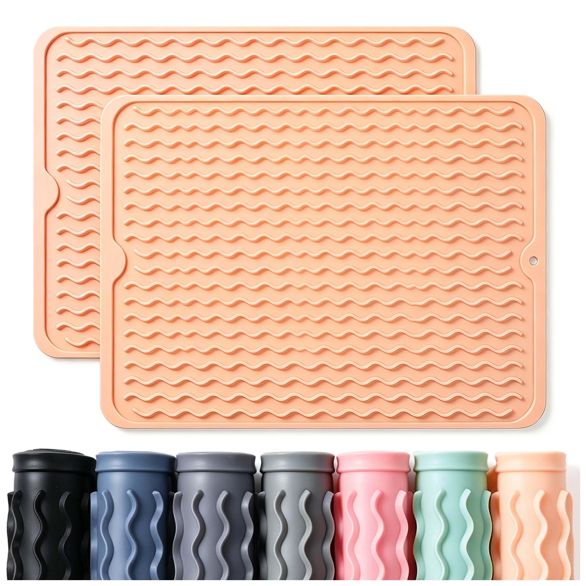 2 Pack Caketime Silicone Dish Drying Mat for Kitchen Counter Waterproof Place mats Sink Protector Stove Top Organizer Appliance Storage Vanity Trays Dryer Rack Drainers Items 15"x11.5" Beige
