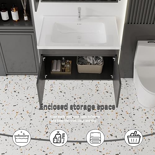 Miniatura 78 de Tocador de baño de 20 pulgadas con lavabo de cerámica, tocador de baño pequeño montado en la pared con puerta de cierre suave, gabinete flotante