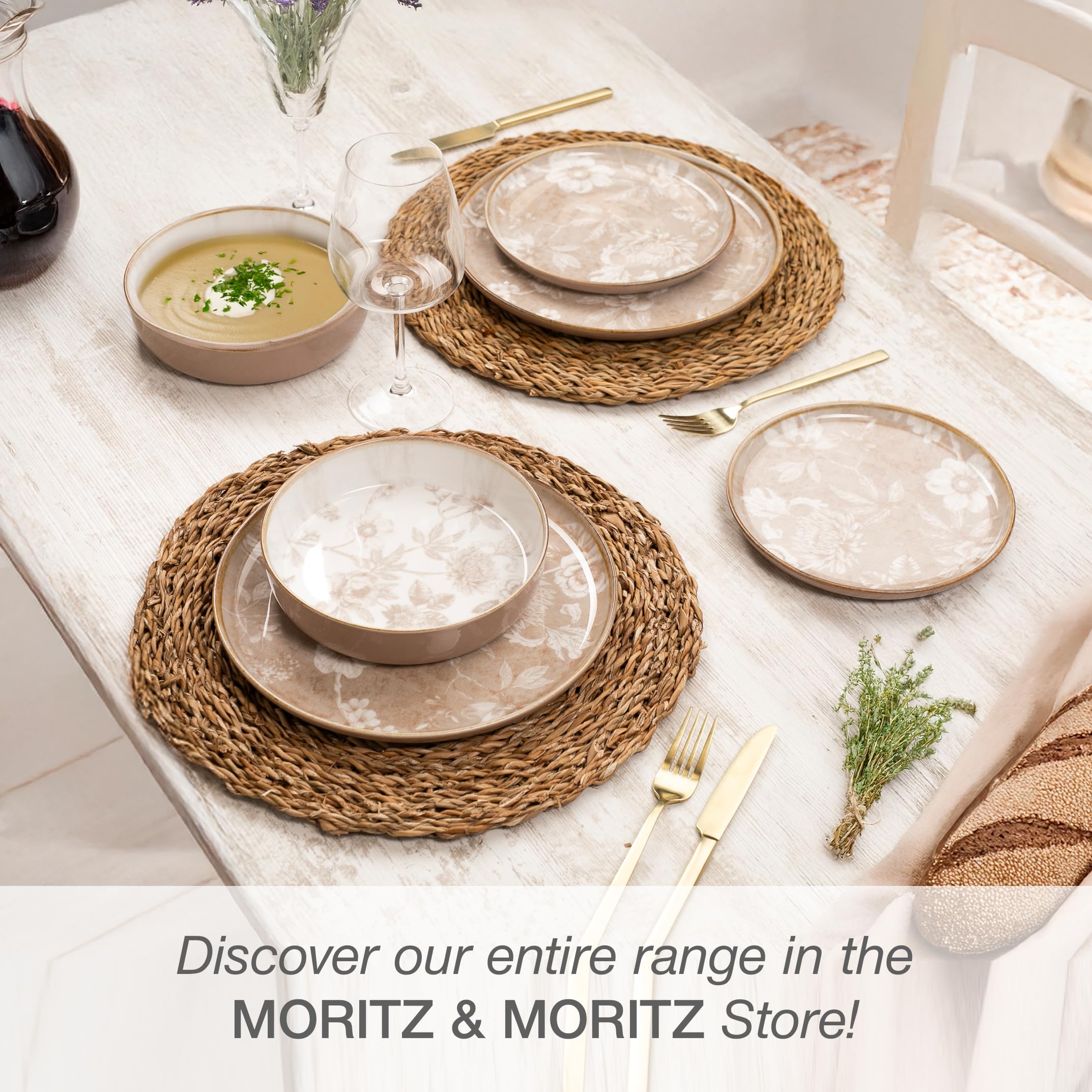 Moritz & Moritz MARIELLA 24-częściowy zestaw naczyń kamionkowych dla 6 osób, nowoczesny serwis stołowy w kolorze beżowym z fantazyjnym wzornictwem, łatwy w pielęgnacji serwis do kawy z zestawem
