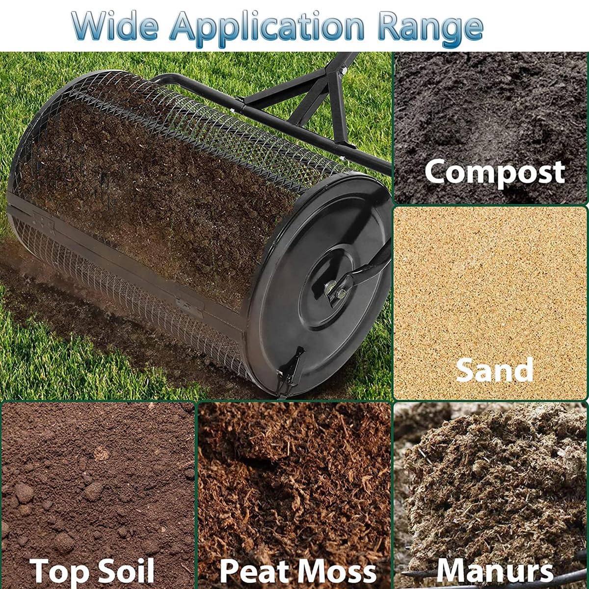 Épandeur d'engrais et de Compost en métal pour pelouse et Jardin - Rouleau de Panier en Maille métallique Durable et poignée réglable en T, Noir - 40 cm