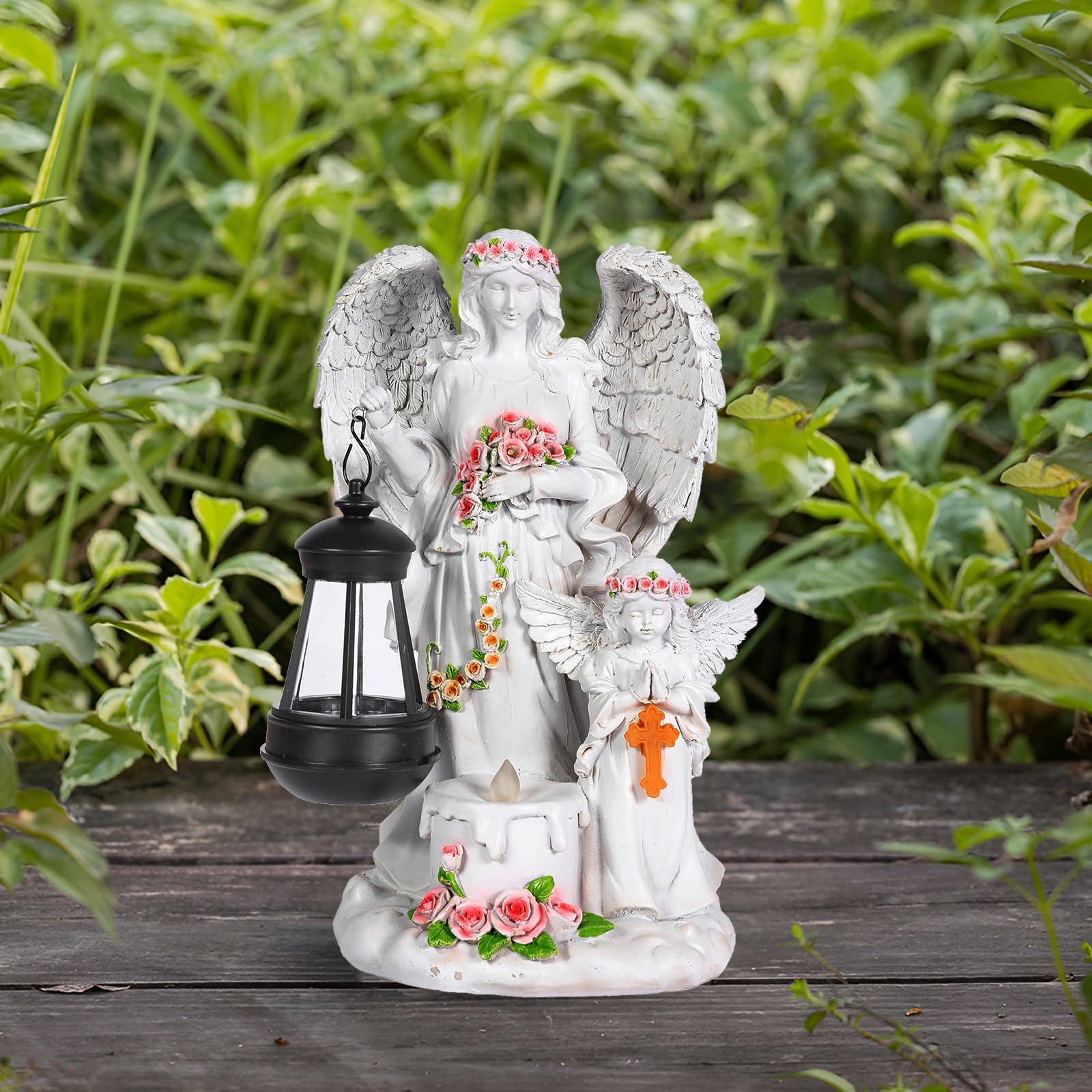 Estatuas de ángel solar para jardín, figura de ángel de la guarda con farolillo solar LED, decoración para exteriores, resistente a la intemperie, decoración para cementerio, escultura de