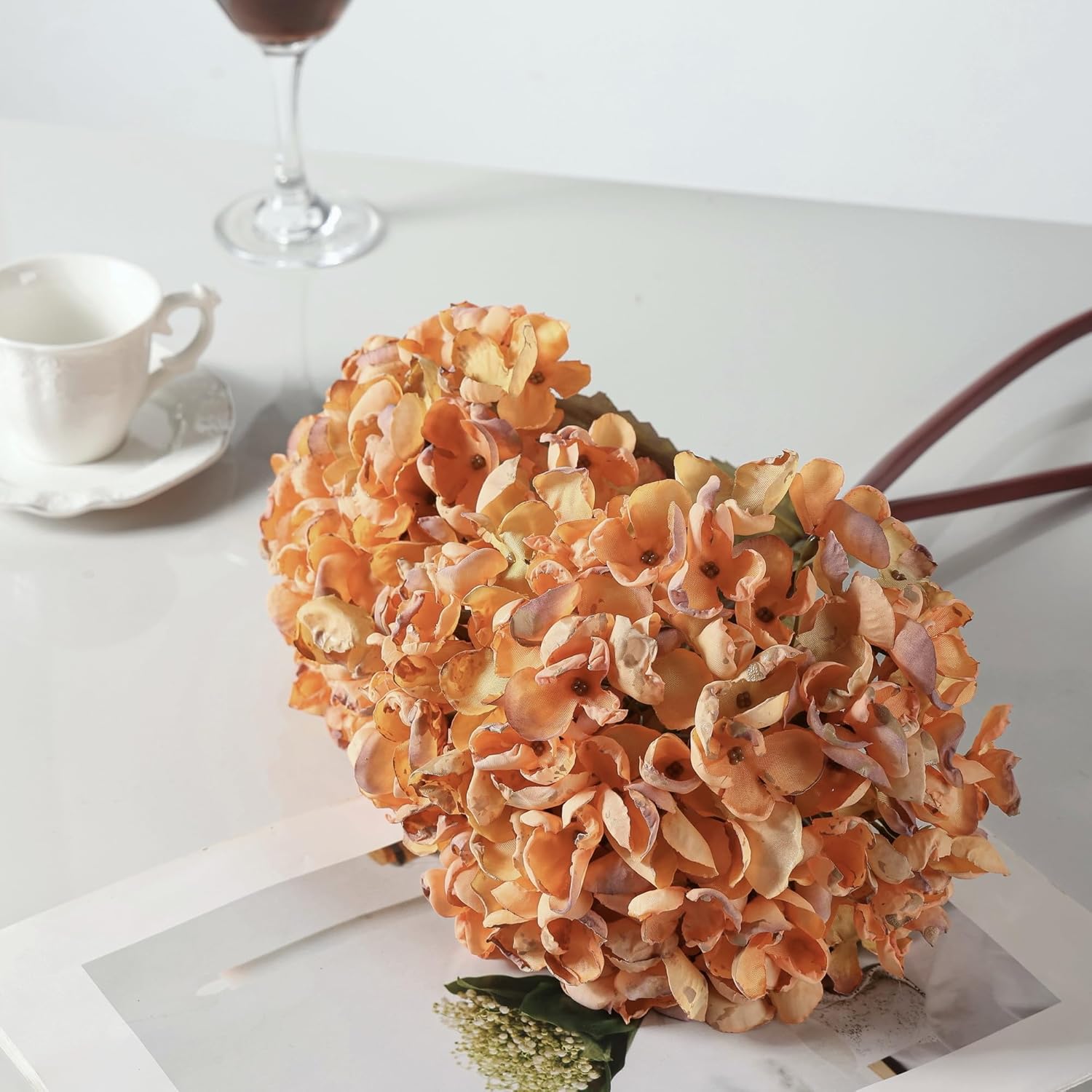 Artificial Dried Hydrangea Flowers, Vintage Orange Dried Look, Faux Fall Flowers, Single Stem (Orange, 4pcs) - Image 6