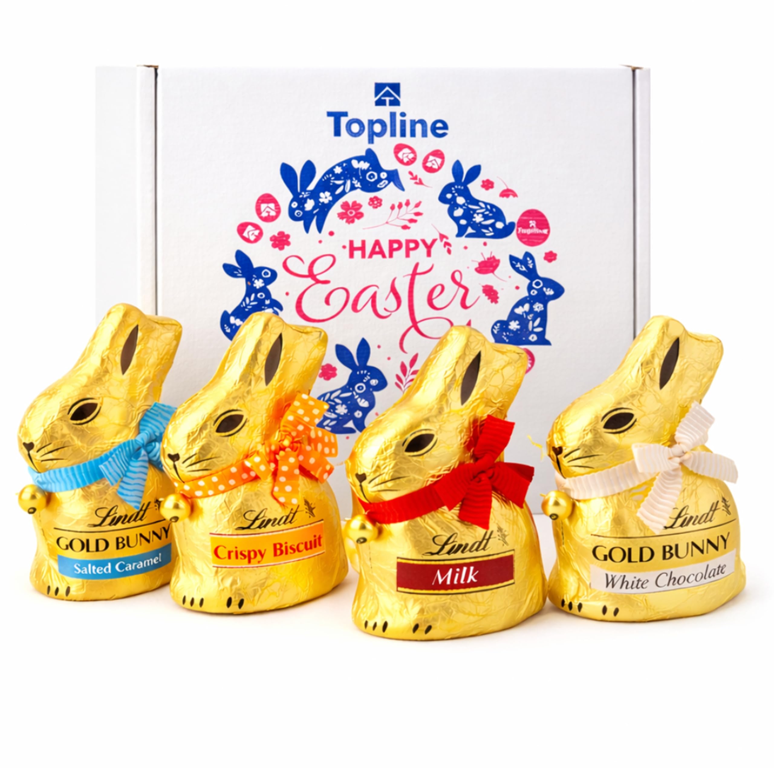 Lindt Chocolate Easter Bunnies Hamper Gift - Assortment of 4 x 100g Milk, White, Salted Caramel & Crispy Biscuits Gold Bunnies Chocolate Gift for Kids Egg Hunt, Easter Gifts