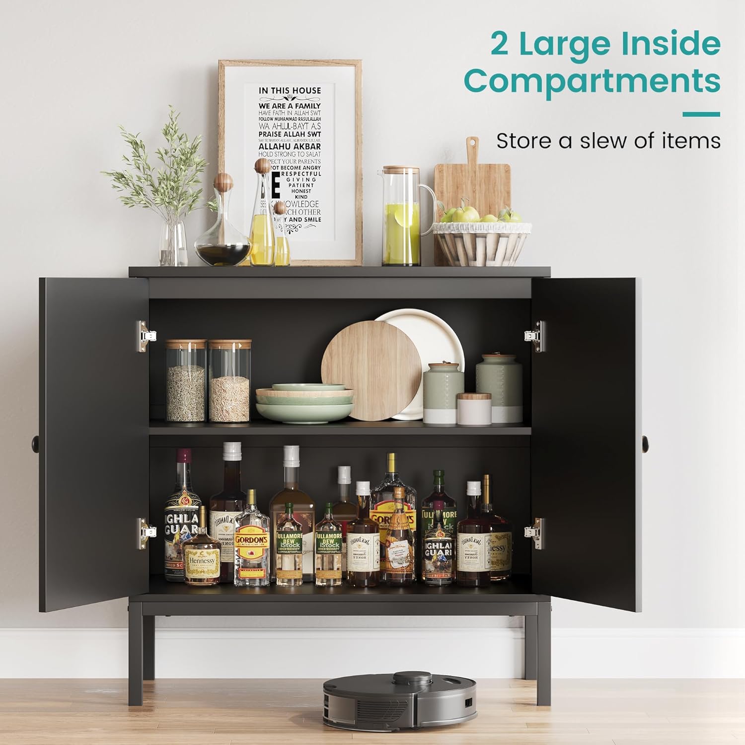 Sideboard Buffet Cabinet, Wooden Storage Cabinet with Natural Rattan Doors, Double-layer Boho Accent Sideboard with Solid Metal Feet, Ideal for Hallway, Living Room, Dining Room, Kicthen, Black