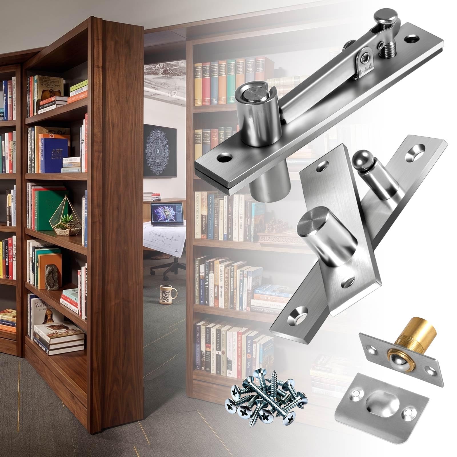 SKMYL Door Pivot Hinges,Invisible Hinge System with Ball Catch Hardware for Max 200 Lb Heavy Duty Wood Doors & Hidden and Secret Bookcase, Murphy Bookshelf (Side Mount 200 lbs 1 Set)-image-41