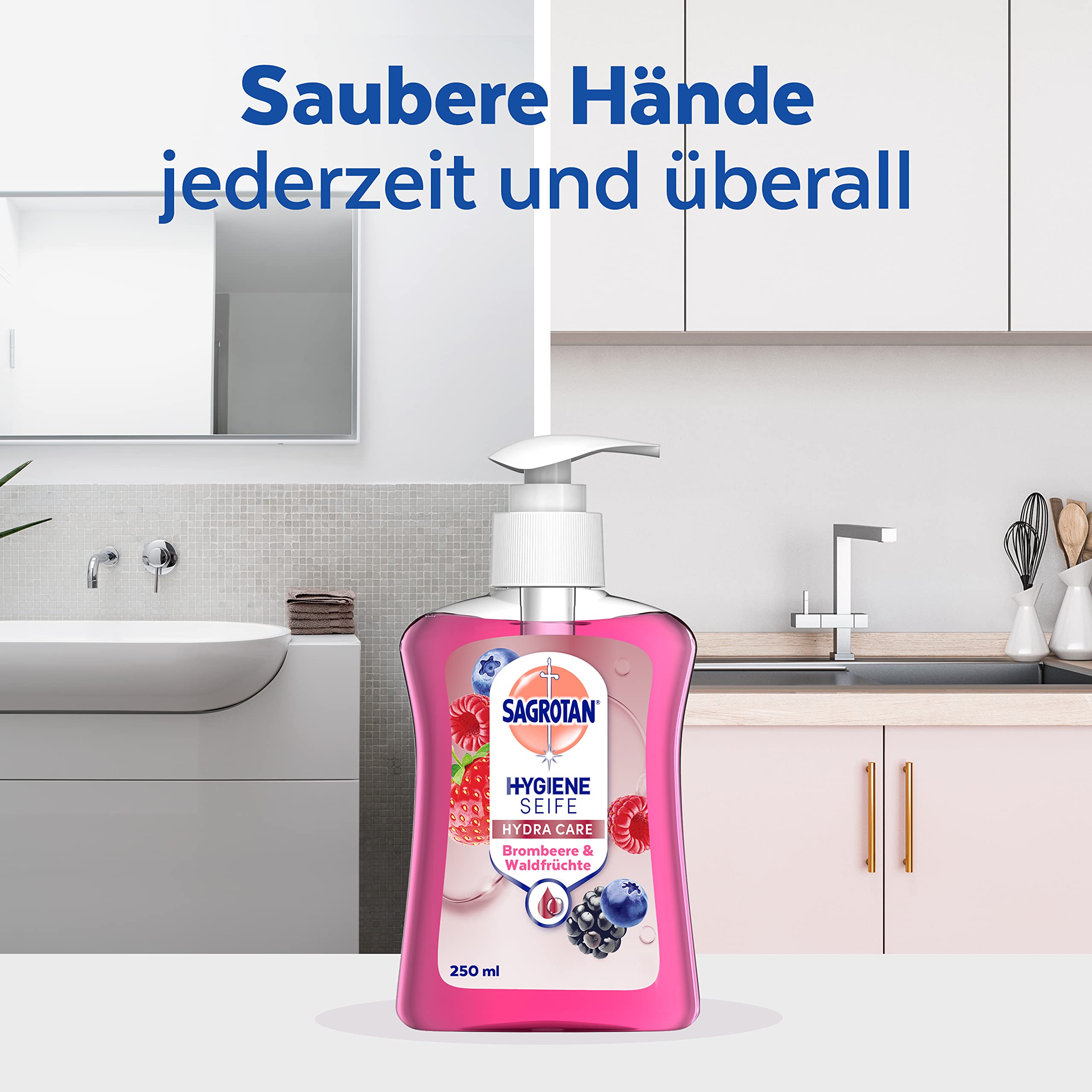 Sagrotan Mydło do rąk, jeżyna i owoce leśne, higieniczne mydło w płynie, 3 x 250 ml dozownik mydła