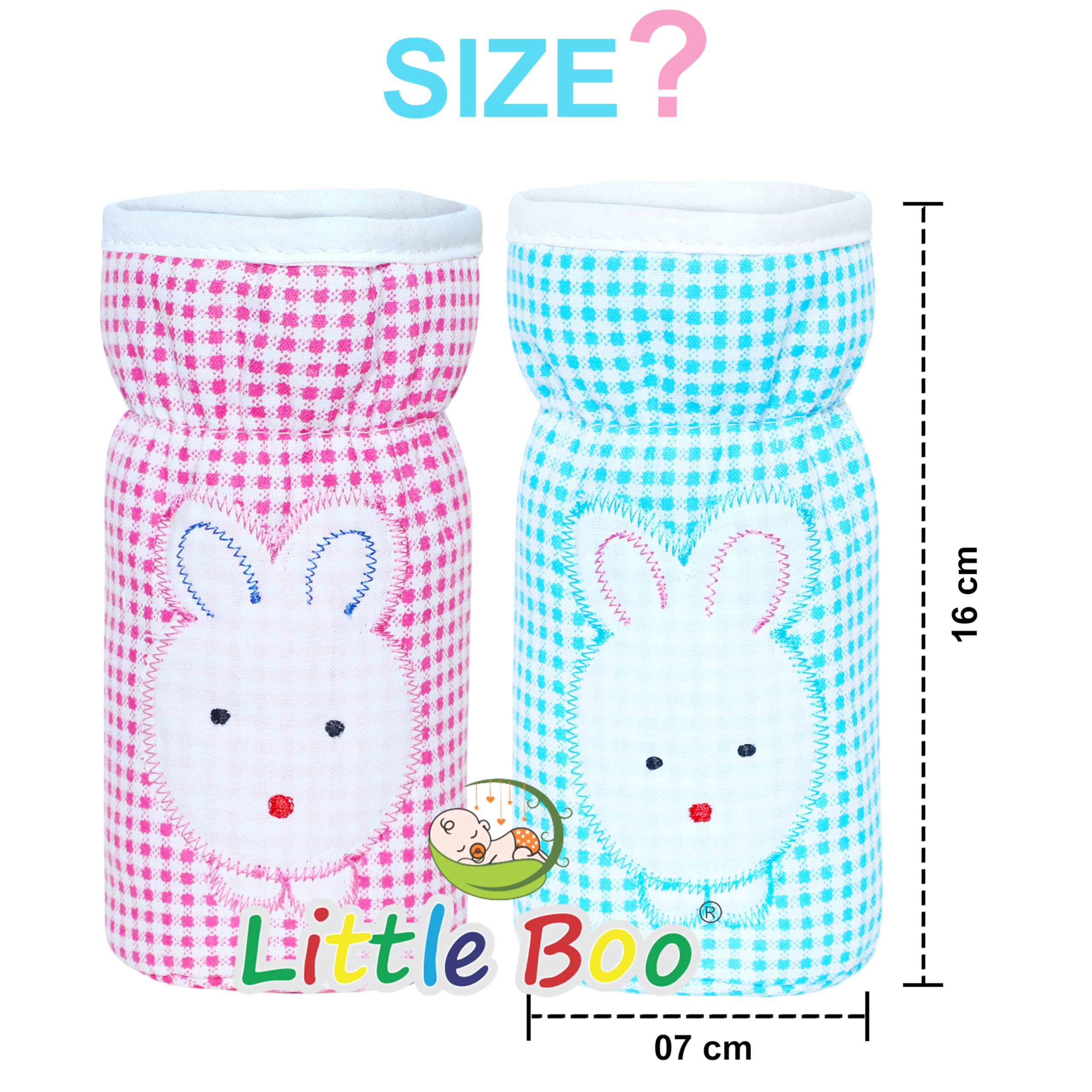 Little Boo Soft Plush Stretchable Baby Feeding Bottle Cover with Easy to Hold Strap | Check Design Cotton Pack of 2 (Blue and Pink,Narrow Neck Fits Upto 150ml) - Image 4 thumbnail