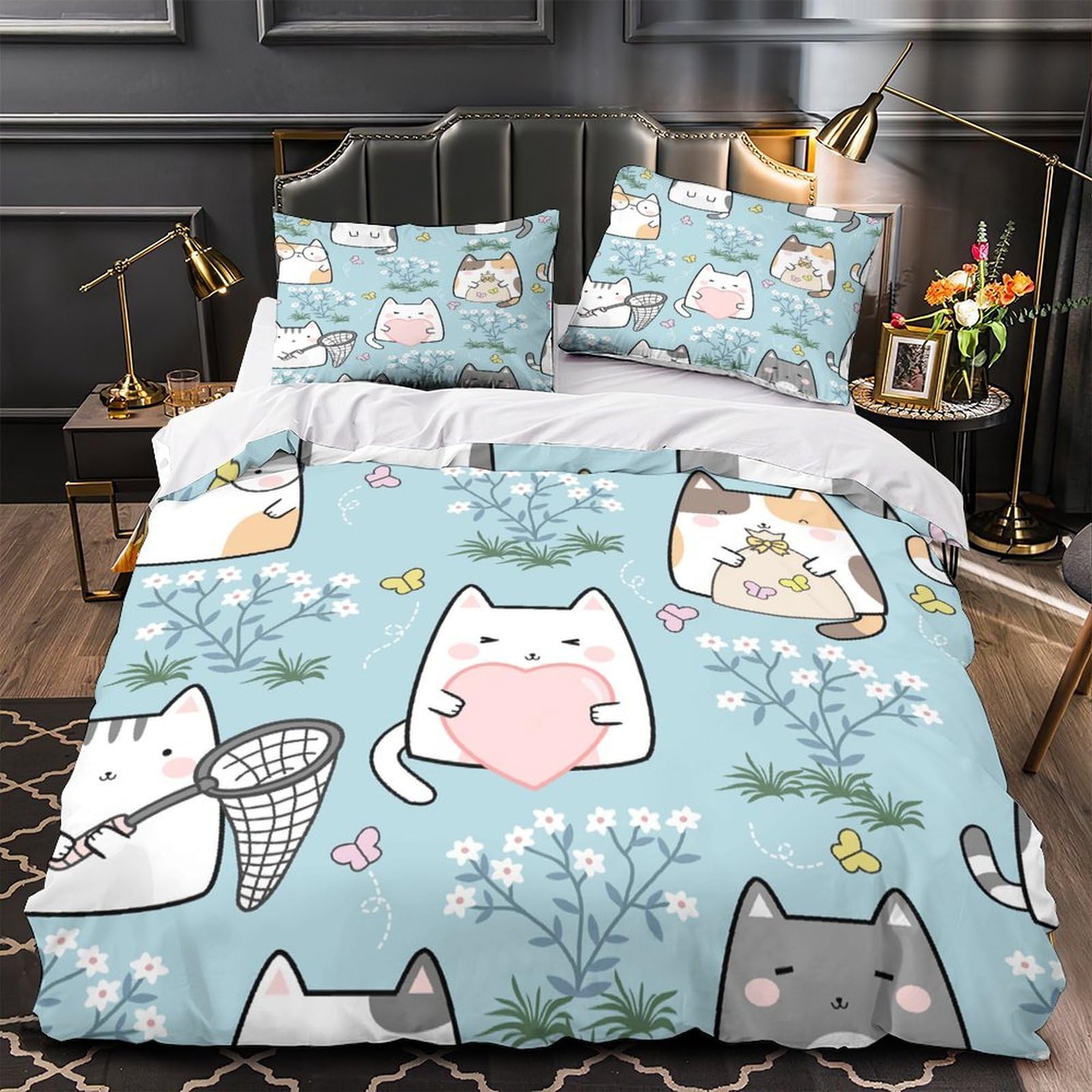 Parure de lit chat 140x200 cm avec housse de couette en microfibre et taie d'oreiller