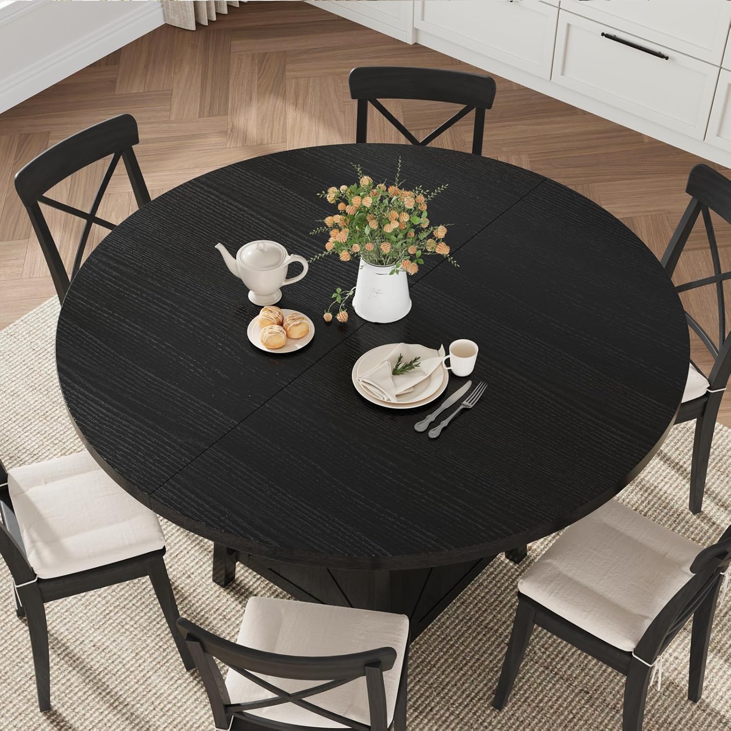 43.3"-59" Extendable Round Dining Table with Detachable Extension Plate for 4-8 People; Oval Kitchen Dining Table Equipped with Shelf and Storage Box for Kitchen Living Room (Black)