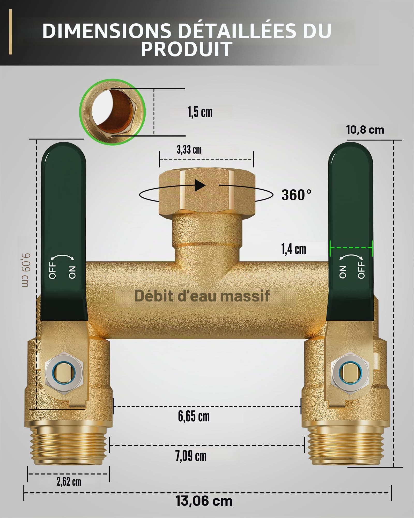 Distributeur 2 Voies, Robinet Double Machine a Laver, Adaptateur Robine, 2 Voies Diviseur de Tuyau Arrosage, Filetage de 3/4Pouce, Débit d'eau Réglable et Verrouillable-Poignée Verte