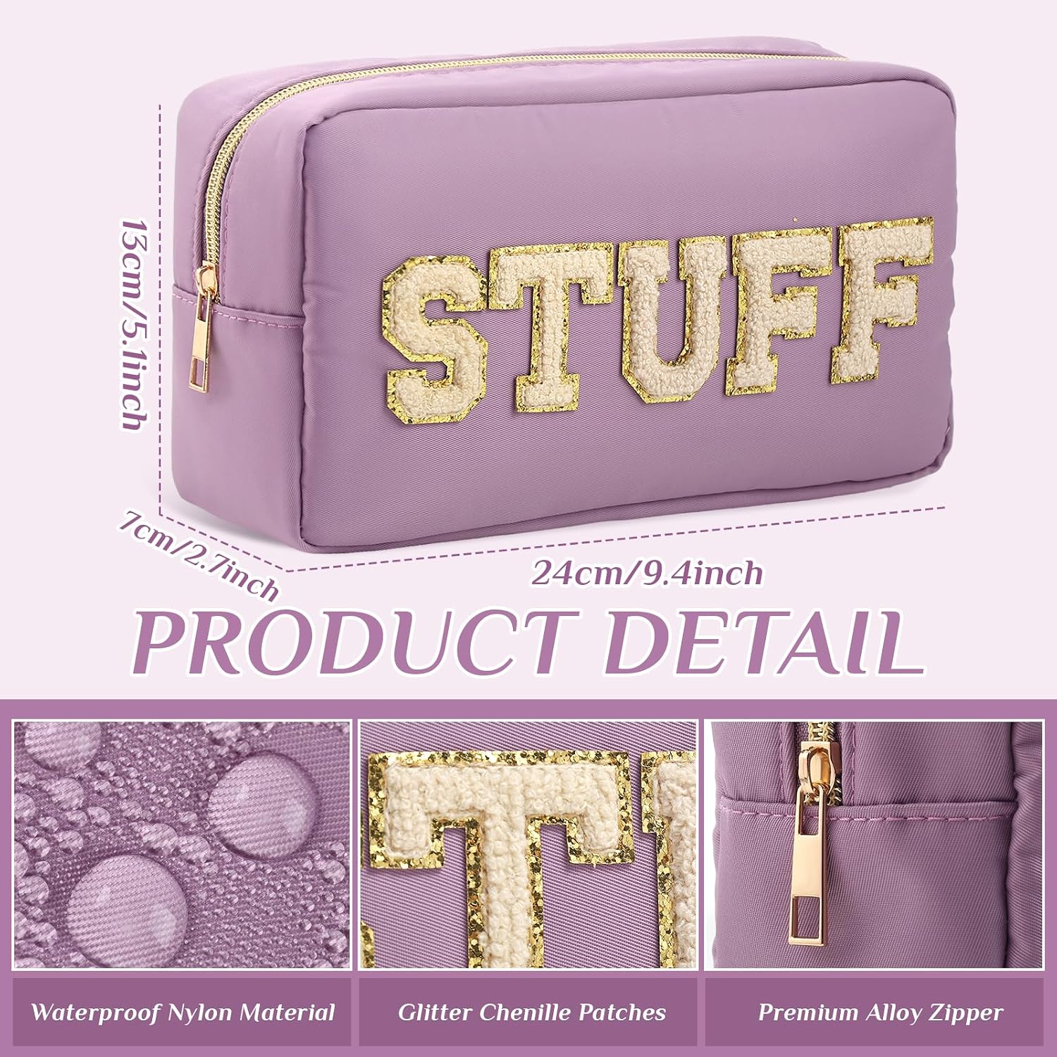 Preppy Makeup Bags Chenille Letter Stuff Bag Nylon Cosmetic Pouch Cases with Zipper for Women Travel Toiletry(Macaron Colors,Classic,4 Pcs) image 3