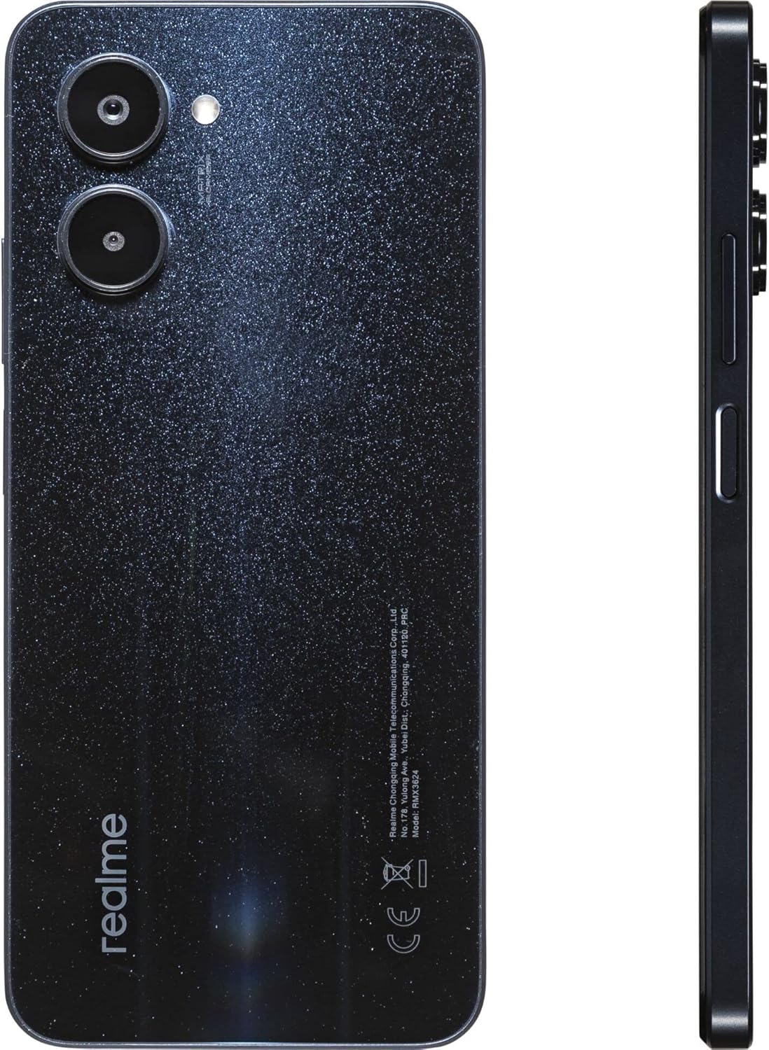 Back and side view of realme C33 smartphone